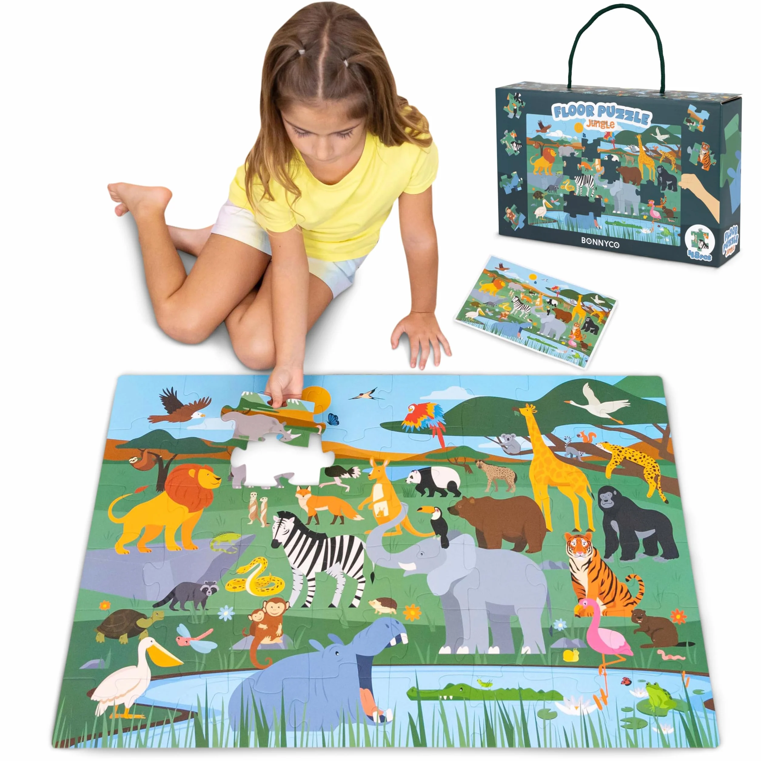 BONNYCO Puzzle Enfant Geant Animaux de la Jungle avec 48 Pièces de Grande Taille. Jigsaw Puzzle XXL 92 x 62 cm pour Cadeau Enfant. Jouet Educatif Garcon et Fille 2-8 Ans