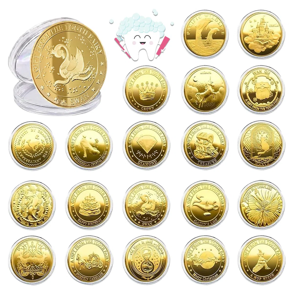 Pièce de Fée des Dents, 20 pièces monnaie de fée des dents, différents designs Cadeaux de la Fées des Dent pour filles et garçons Souvenir de la Fées des Dent Récompense
