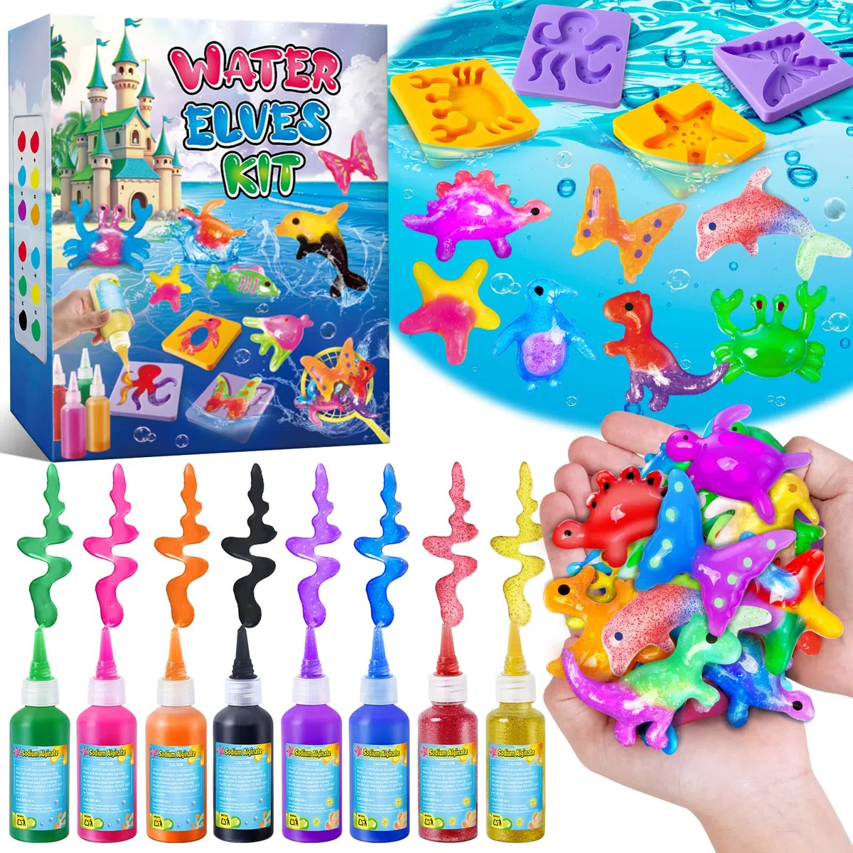 UNGLINGA Kit de Jouet Elfe en Eau Magique pour Enfants, 8 Bouteilles de Gel de Couleur, Gel d'Eau Animaux Aquatiques Faire Elfe Aqua Fée Créatif Kit de Manuel pour Filles Garçons Cadeau d'Anniversaire