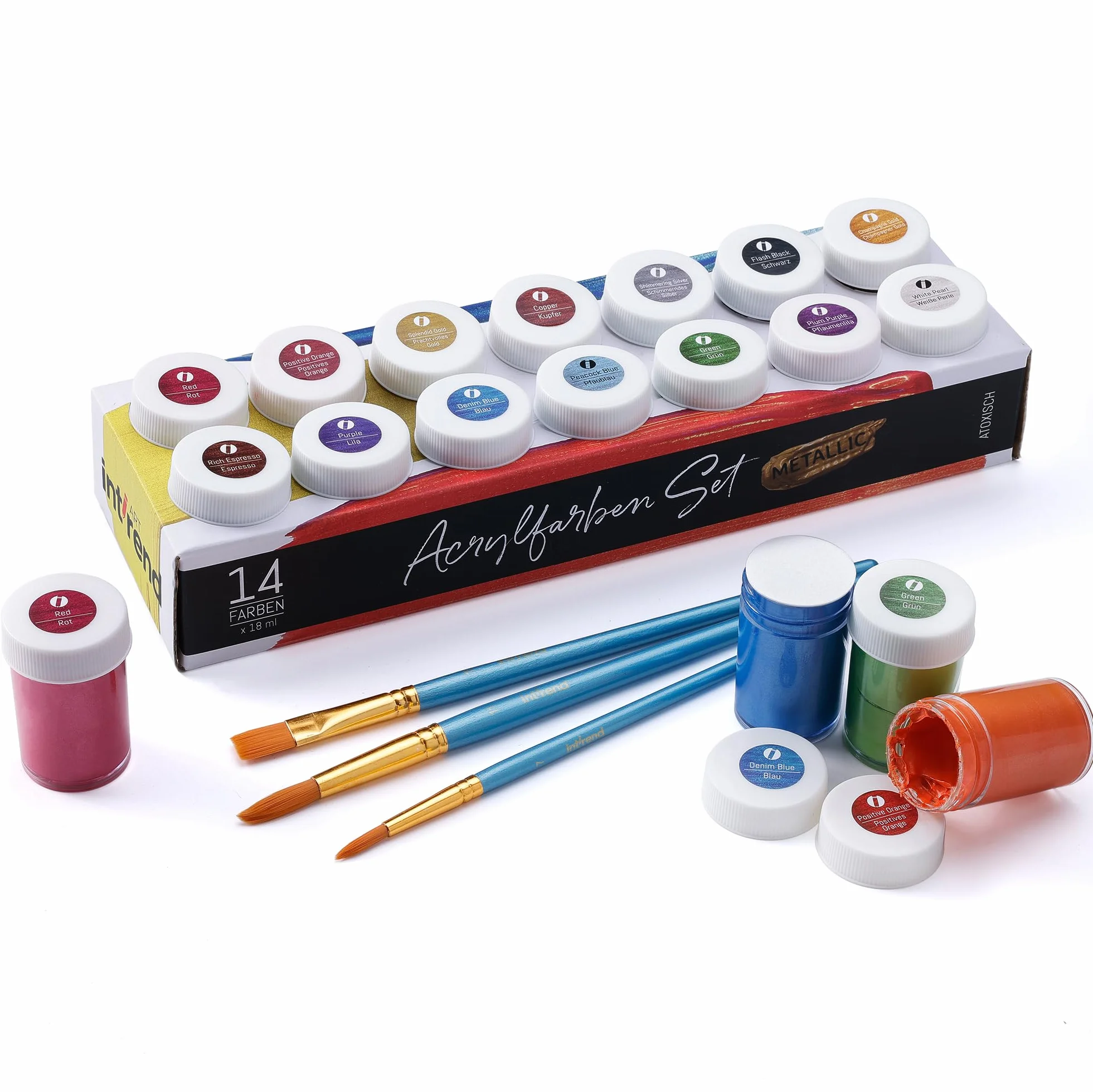 Kit de Peinture Acrylique 14 x 18 ml + 3 Pinceaux Coffret Imperméable pour Maquette et Loisirs Créatifs