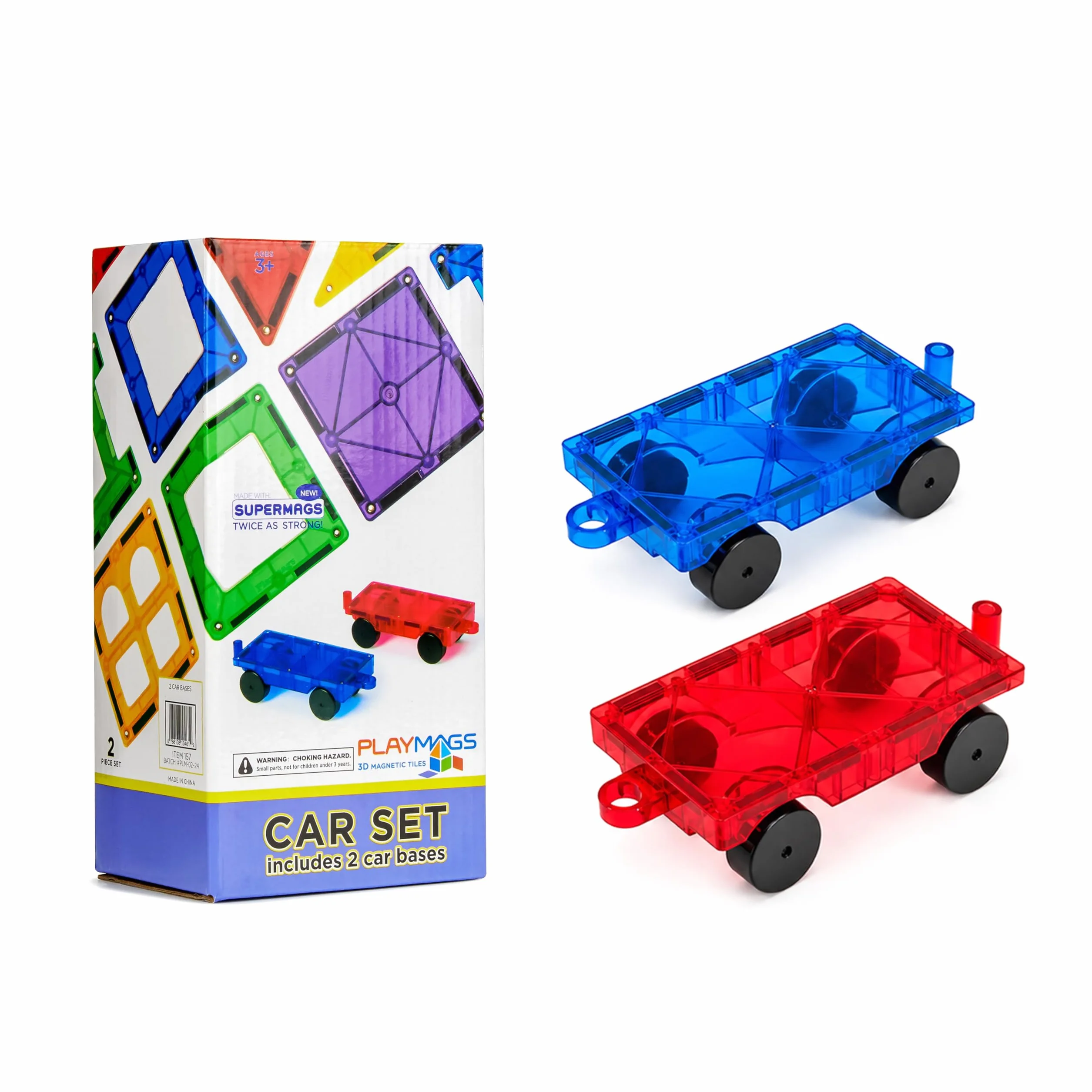 Playmags Ensemble de Voiture 2 pièces Jouets STEM Tuiles Magnétiques Robuste Couleurs Vives