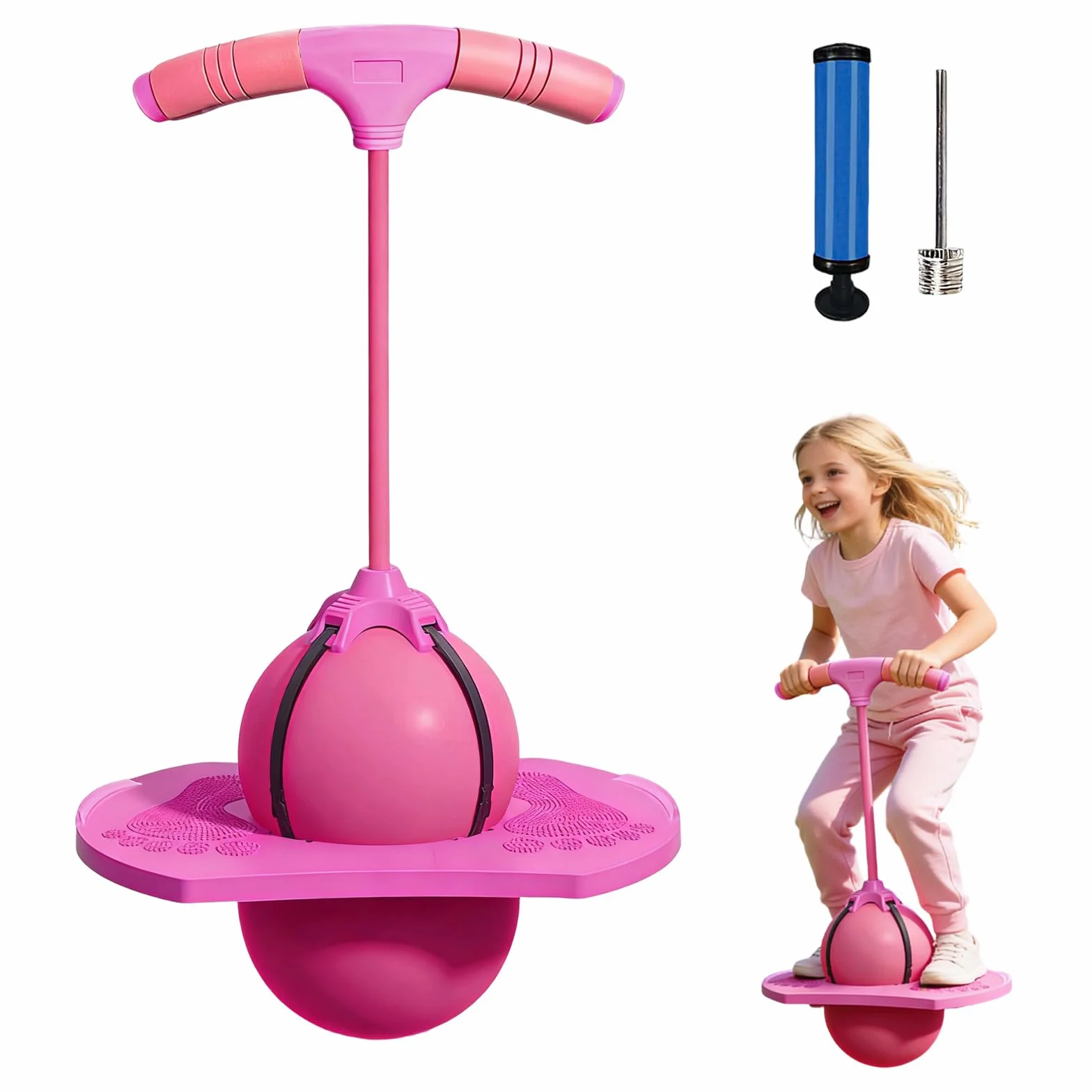 Ballon Sauteur Pogo avec Poignée pour Adultes, Balle de Saut en Plein Air avec Pompe, Rose