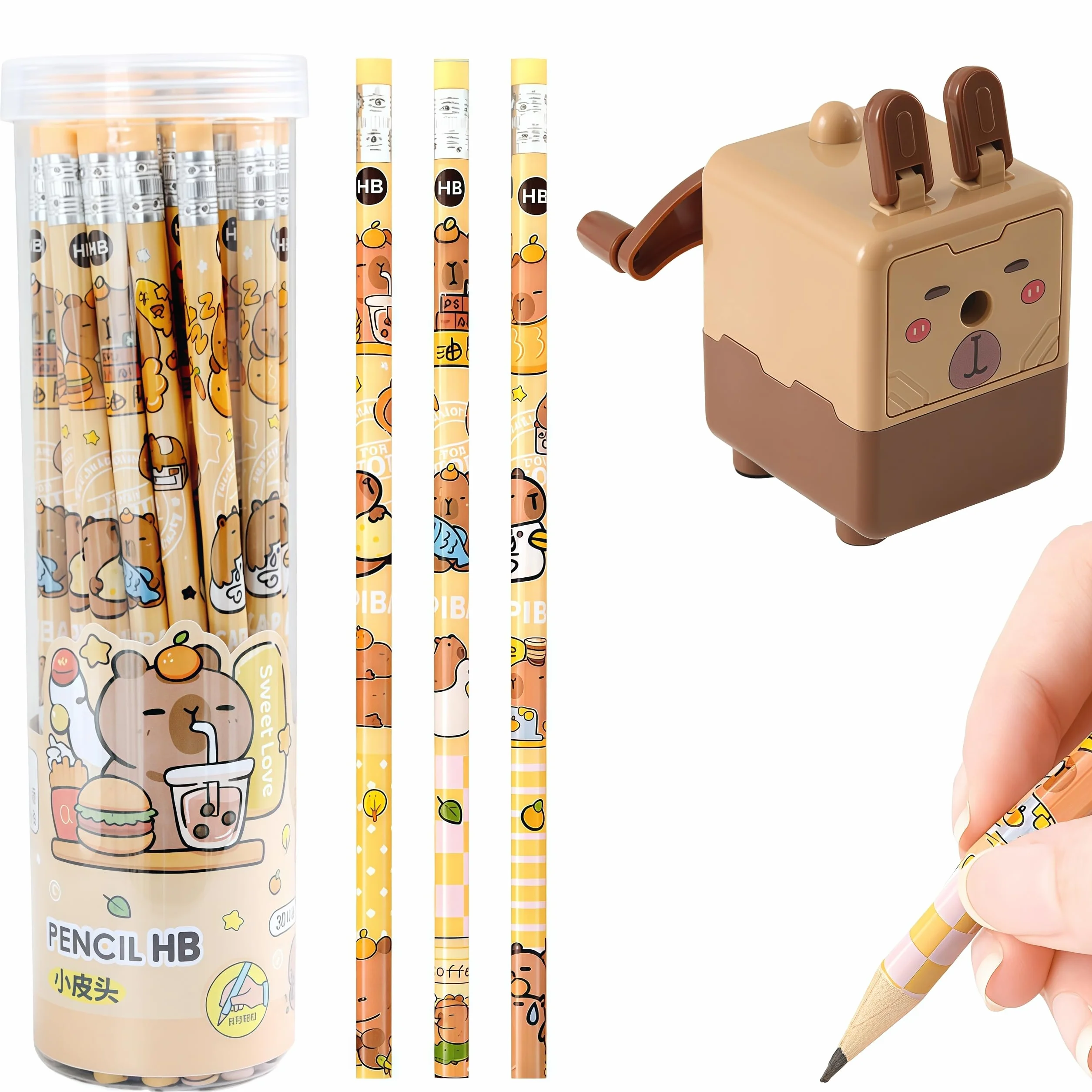 Lot de 30 Étuis de Crayon Capybara avec Taille-Crayon à Manivelle, Crayons HB pour École