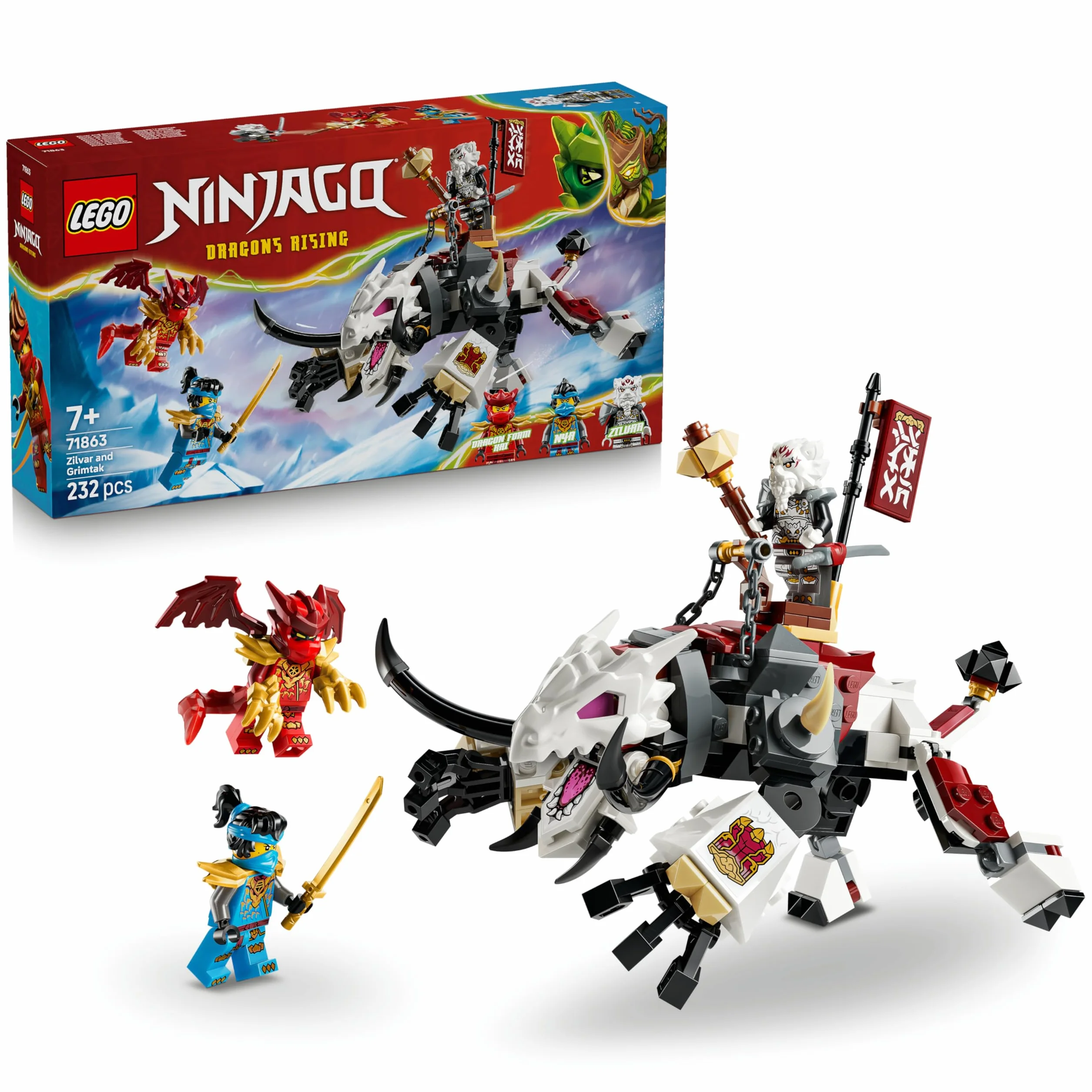 LEGO Ninjago Zilvar et Grimtak la Bête Draconique Jouet Ninja Figurine 3 Minifigurines Kai NYA 71863