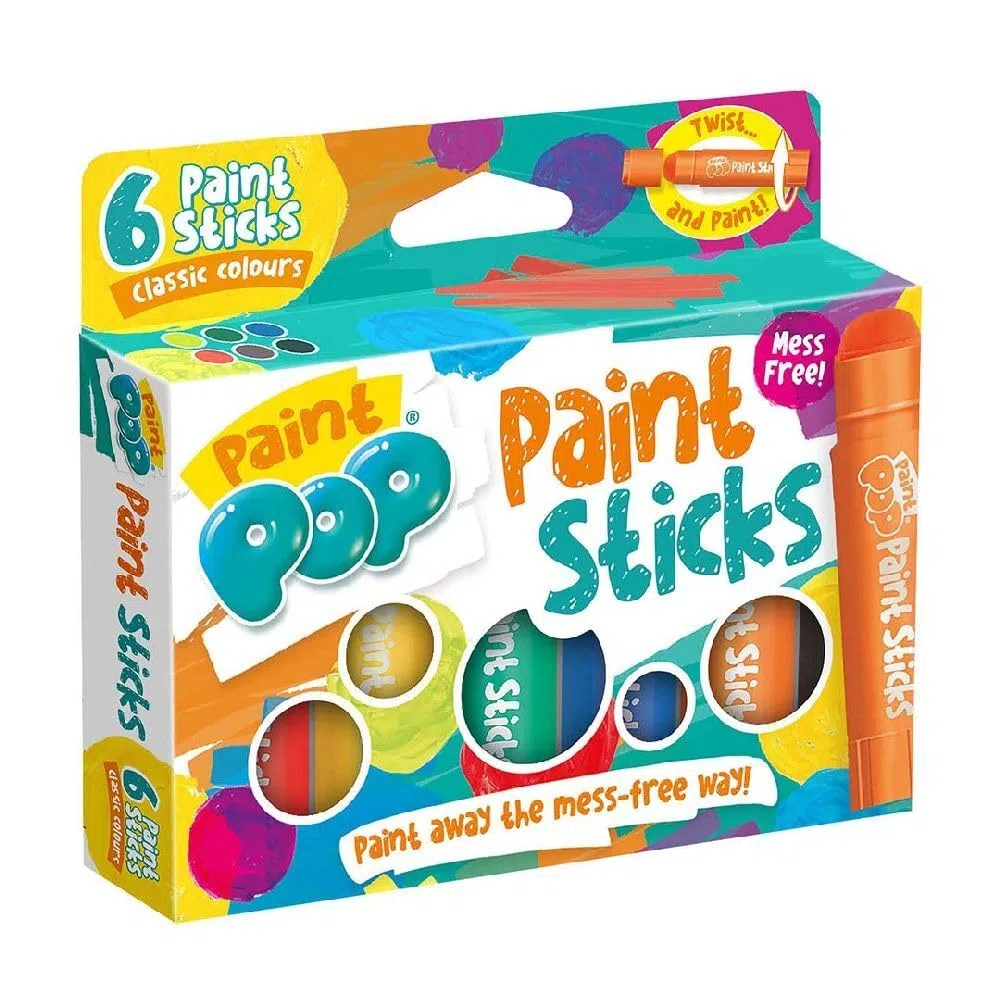 Paint Pop Lot de 6 bâtons de peinture pour enfants – Couleurs assorties classiques – Twist & Paint, sans désordre, action à séchage rapide, nettoyage facile, couleurs vives, multi-surfaces