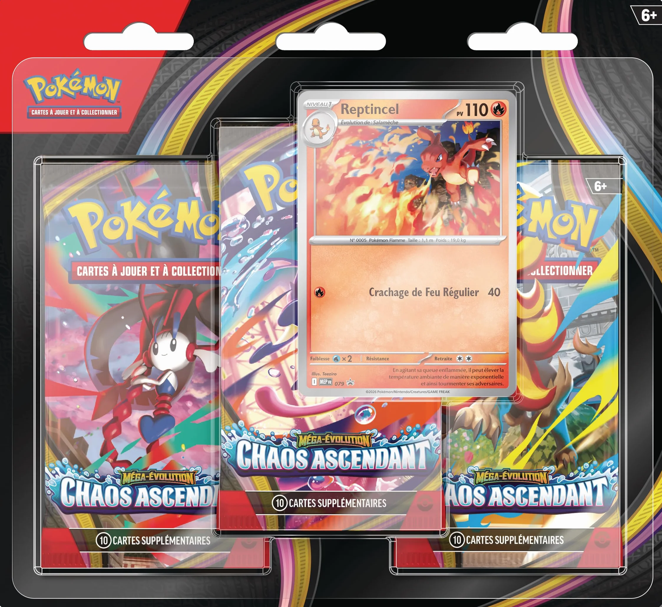 Pokémon Blister Trois boosters Méga-Évolution Chaos Ascendant Carte Promo Brillante