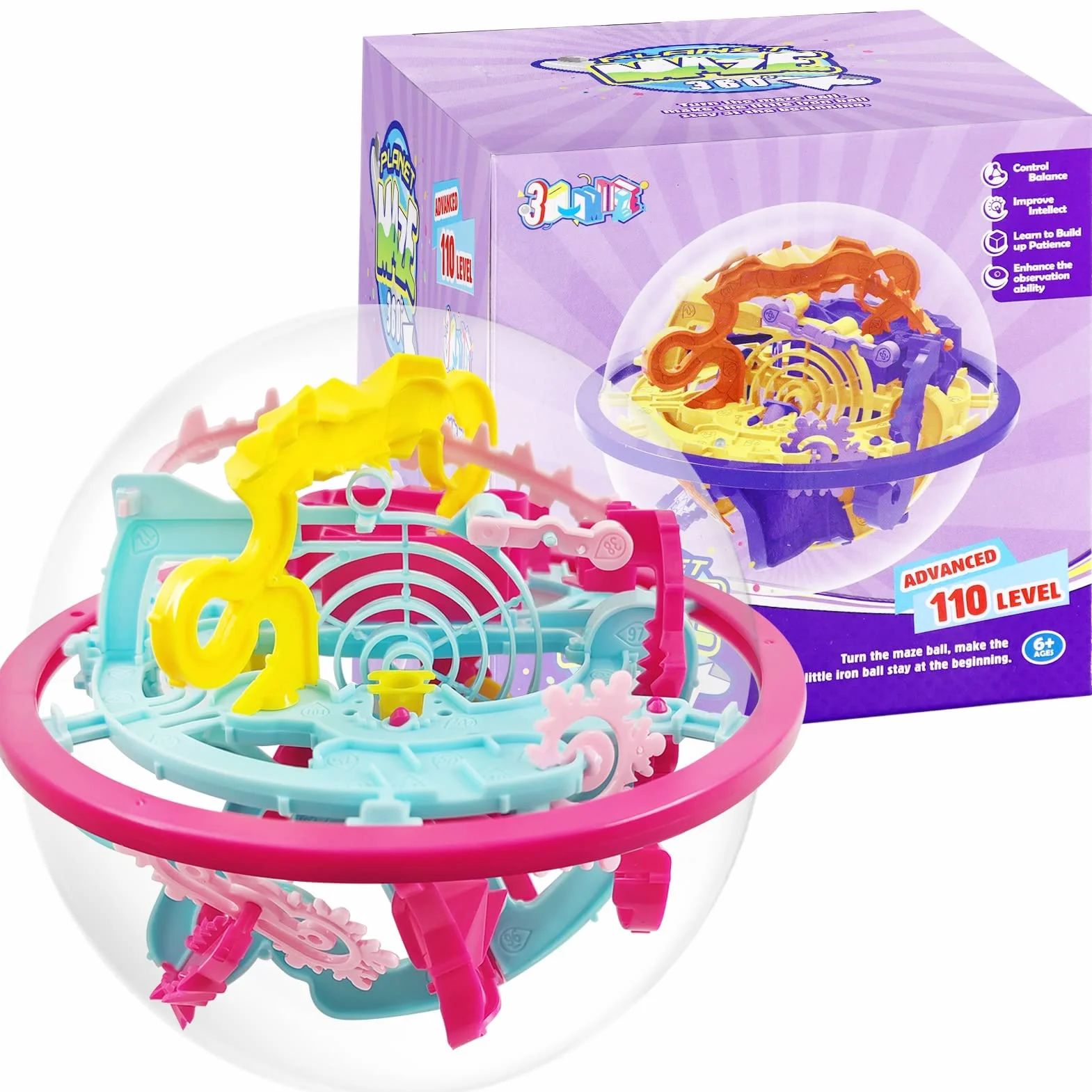 Boule de Labyrinthe 3D Maze,110 BarrièRes 3D Labyrinthe Balle,JouetsLabyrinthe Spherical,3D LabyrintheBoule,LabyrintheSphérique,LabyrintheBall Puzzle Toy (Couleur)