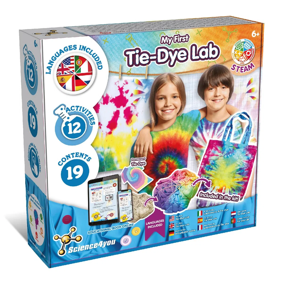 Science4you Mon Premier Laboratoire Tie-Dye - Kit de Tie Dye avec 12 Activités, Kits de Teinture et D'Artisanat de Mode, Jouets STEM, Jouets de Teinture, Cadeaux Éducatifs pour Enfants 6 7 8 9+