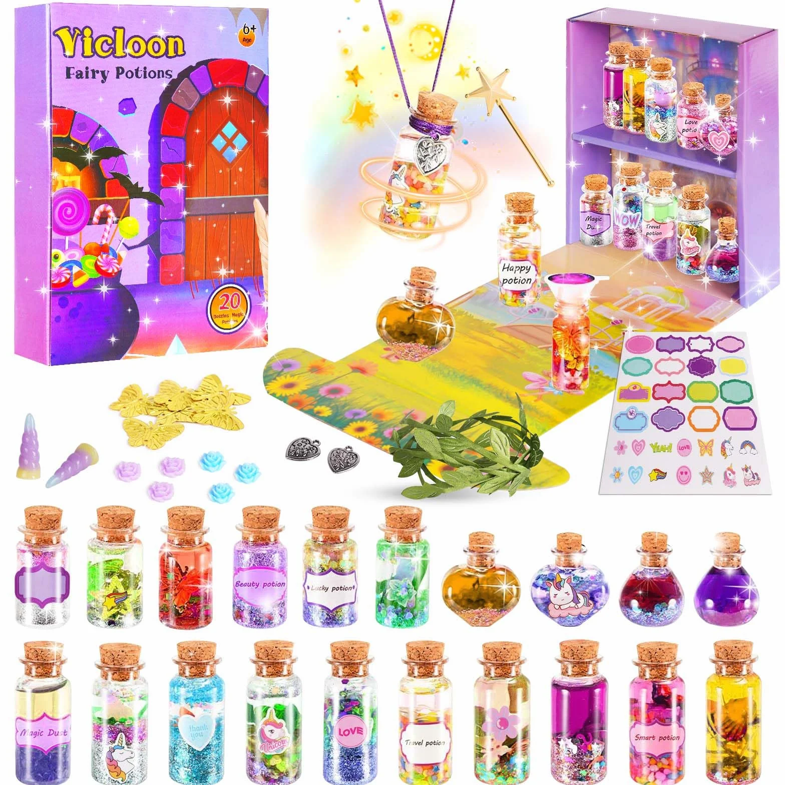 Vicloon Potions de Fées, Kit de Potions Magiques avec 20 Potions, Kit de Fabrication de Potions Cadeaux Créatifs Jouet Artisanal Enfant pour Filles de 6 à 12 Ans pour Anniversaire Noël Halloween