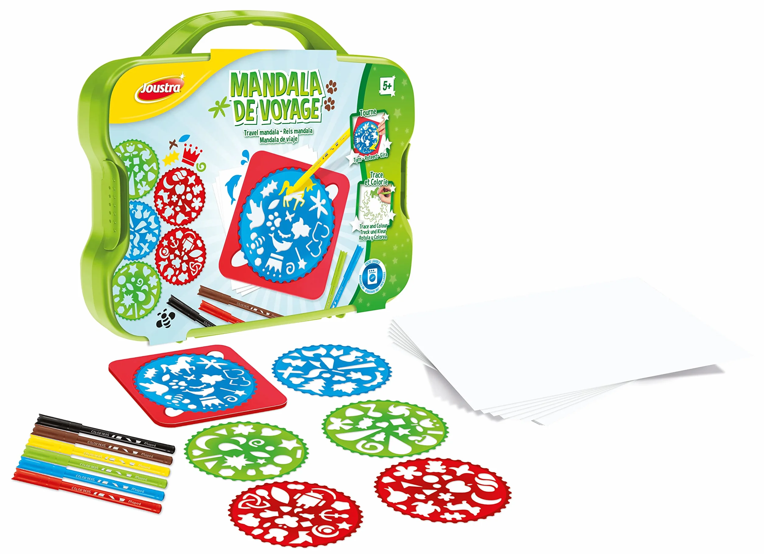 Joustra - Mallette Mandala de Voyage - 6 Mandalas + 10 Feutres + Feuilles A5 - pour Réaliser +200 Dessins - Loisirs Créatifs pour Enfants dès 5 Ans