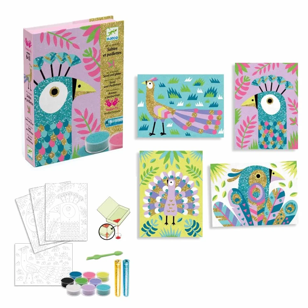 DJECO Kit Créatif Sable Pailleté - 6-10 ans - 4 Tableaux d'Oiseaux Scintillants - Développe les Compétences Artistiques - 4 Cartes Illustrées et Préencollées, Sables et Paillettes - Activité Propre