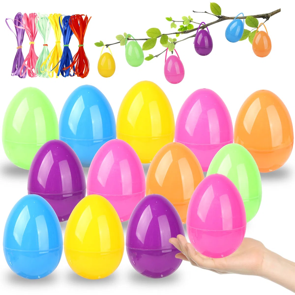 Lot de 36 œufs de Pâques à suspendre - 8,5 cm - En plastique - Multicolore - Vides - Avec rubans - Pour la chasse de Pâques - Remplissage - Décoration d'arbre de Pâques - Cadeau surprise - Cadeau de