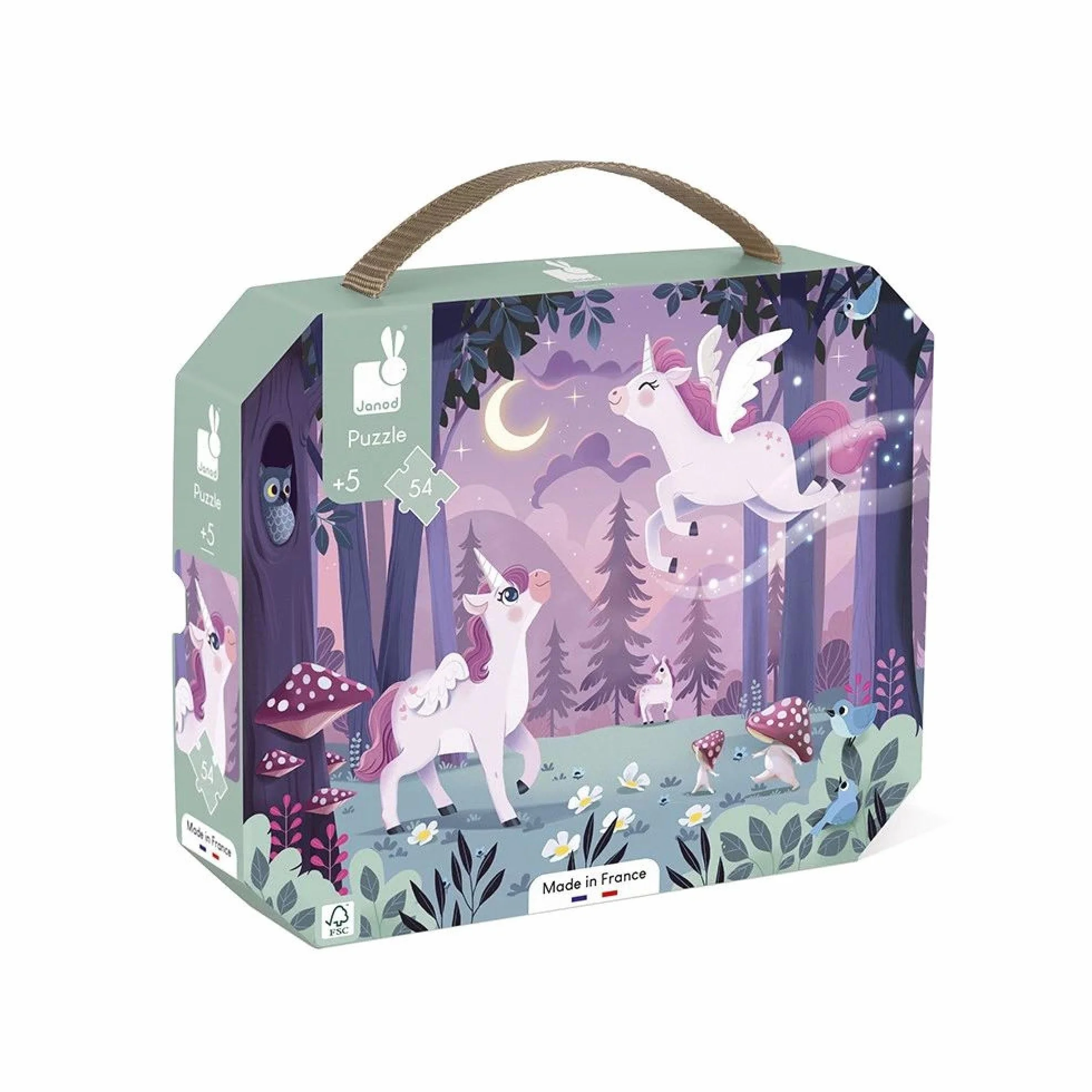Janod Puzzle 54 Pièces Licorne Jeu Educatif Motricité Fine Concentration Valisette Poignée Fabriqué France Certifié FSC Dès 5 Ans