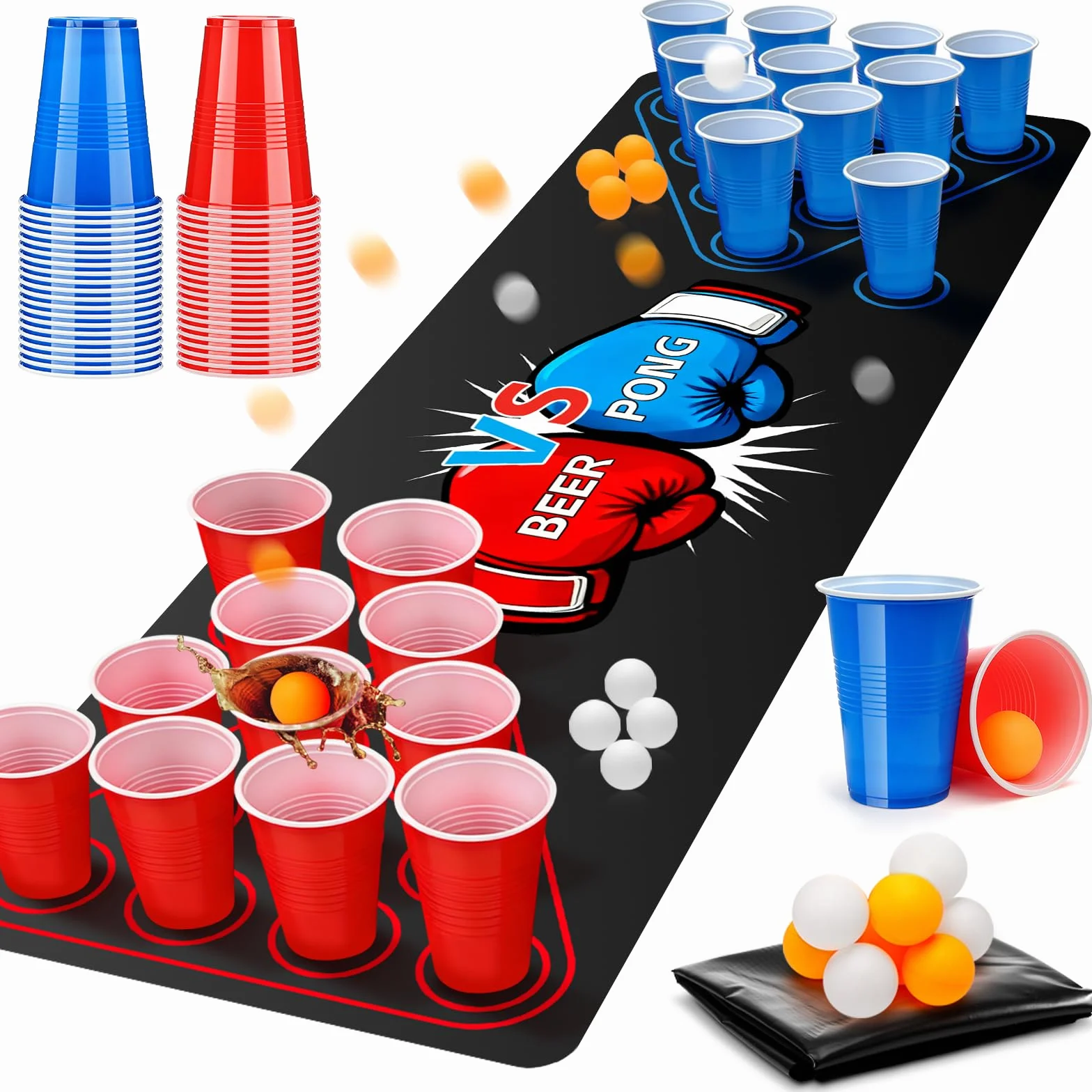 Kit Beer Pong avec 40 Tasses, 8 Balles et 1 Tapis de Jeu Réutilisables pour Fêtes