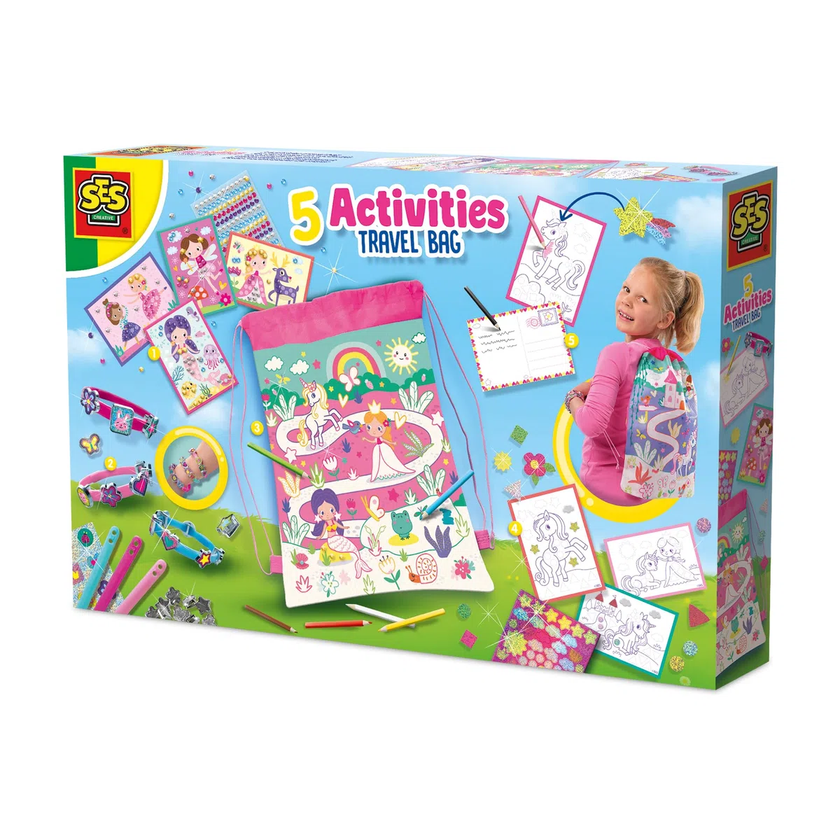 SES Creative 02401 Sac d'Activités - Fabrique des Bracelets - Colorier - Coller des Stickers - Loisirs Créatifs en Voyage - Décore Ton Propre Sac