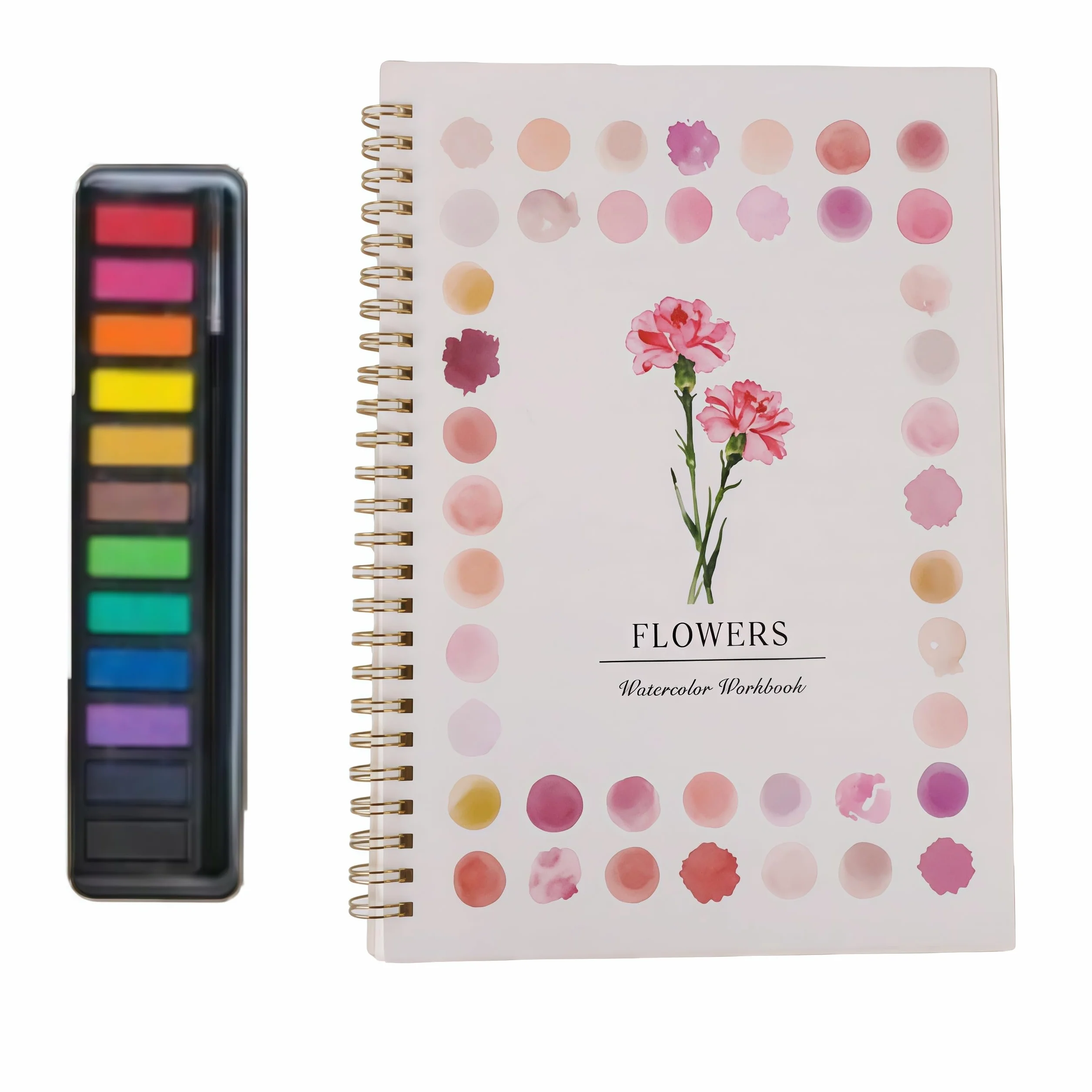 Kit d'aquarelle complet pour débutants avec 12 modèles et 12 couleurs, carnet à spirale, papier épais anti-transfert, pinceau inclus (Fleur fraîche)