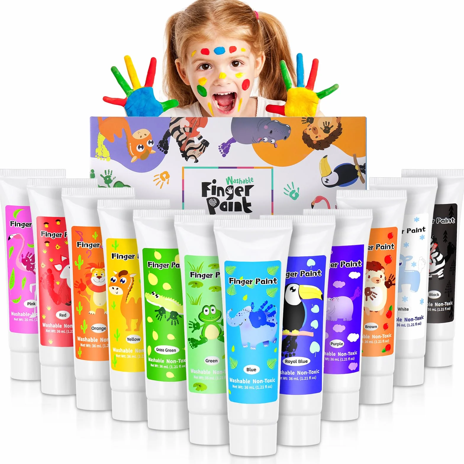 Kit de Peinture au Doigt 12 Couleurs pour Enfants Non Toxique Lavable 36ml/Tube, Cadeau d'Éveil, Cadeau de Fête, Peinture Artistique