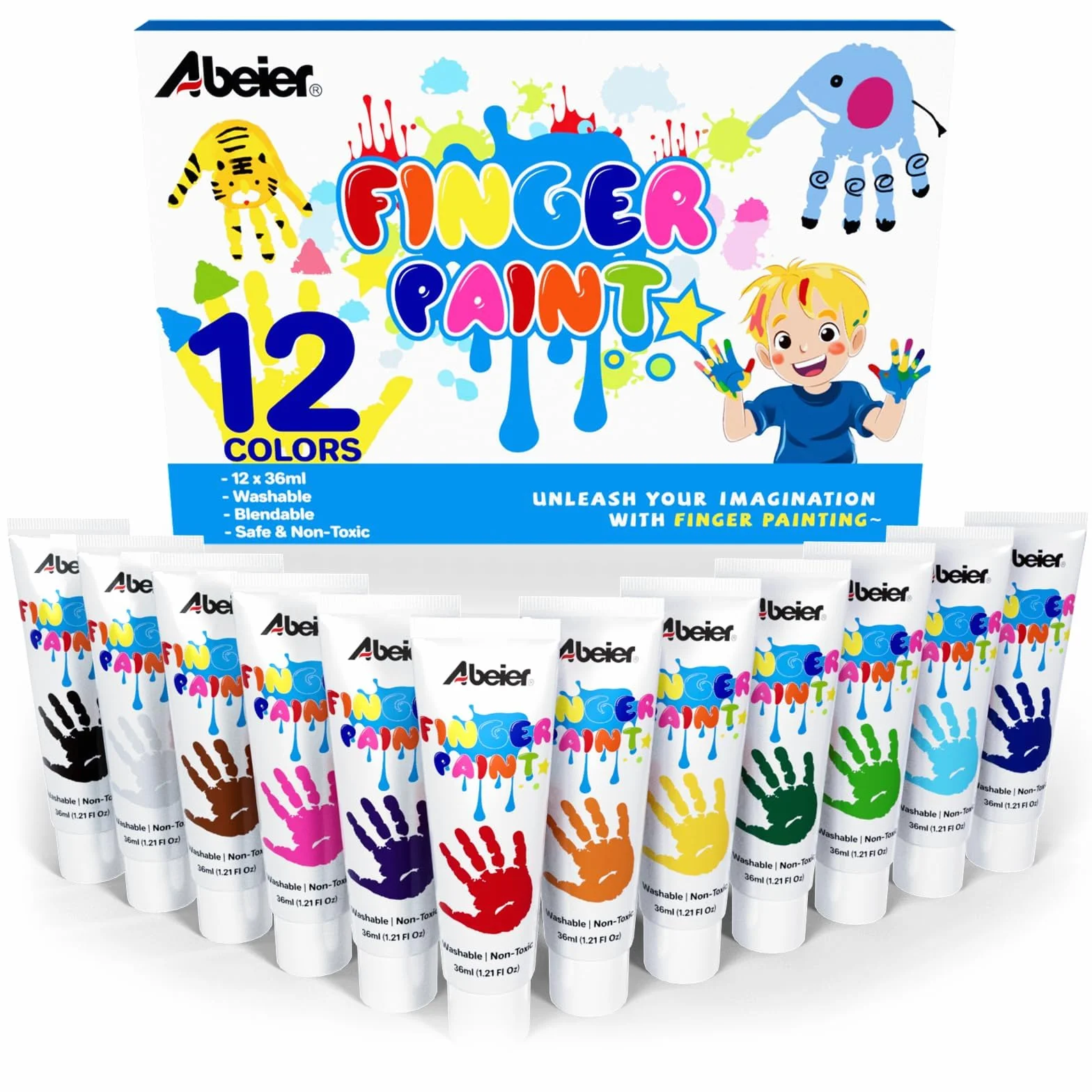 ABEIER Lot de 12 peintures au doigt pour enfants, non toxiques, lavables, 12 x 36 ml, peinture au doigt pour tout-petits