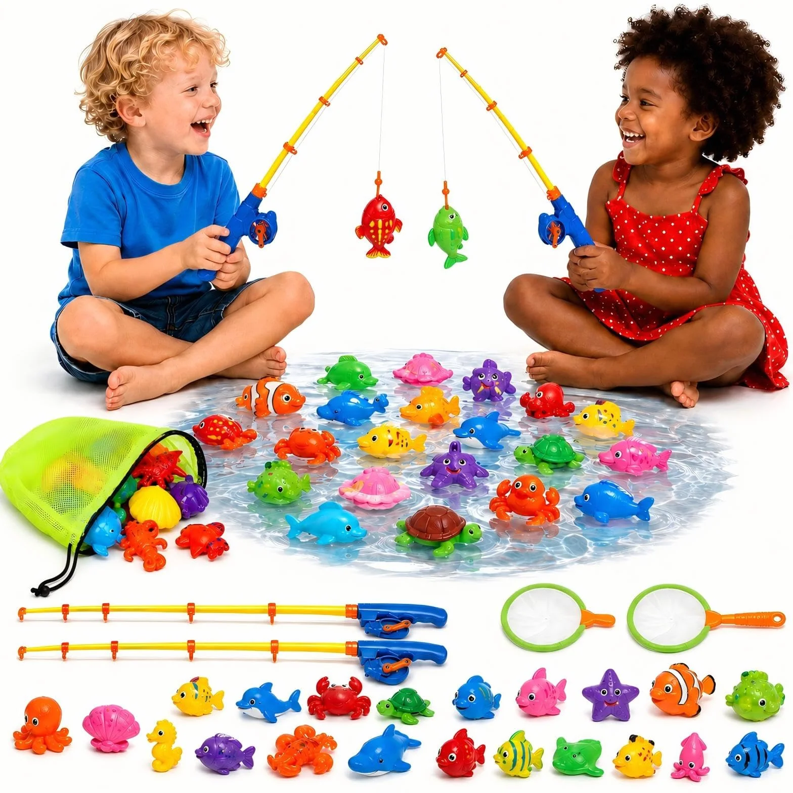 Jouet de Pêche Aquatique Éducatif 3+ Ans avec 30 Animaux Flottants Set Magnétique 2 Cânes & 2 Épuisettes