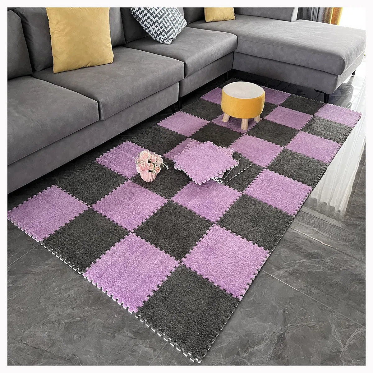 Tapis Puzzle carré en Mousse emboîtable, 30 x 30 cm, avec Bordures, 2,4 x 2,4 m (64 pièces), Blanc et Gris