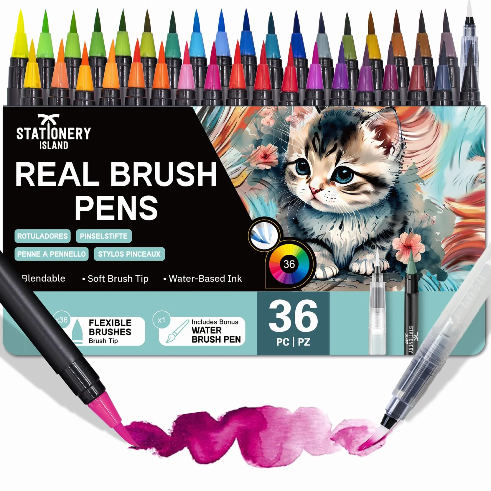 STATIONERY ISLAND Feutres Pinceaux Aquarelle 36+1 Stylo Pinceau Reservoir Brush Pen Calligraphie Enfants & Adultes