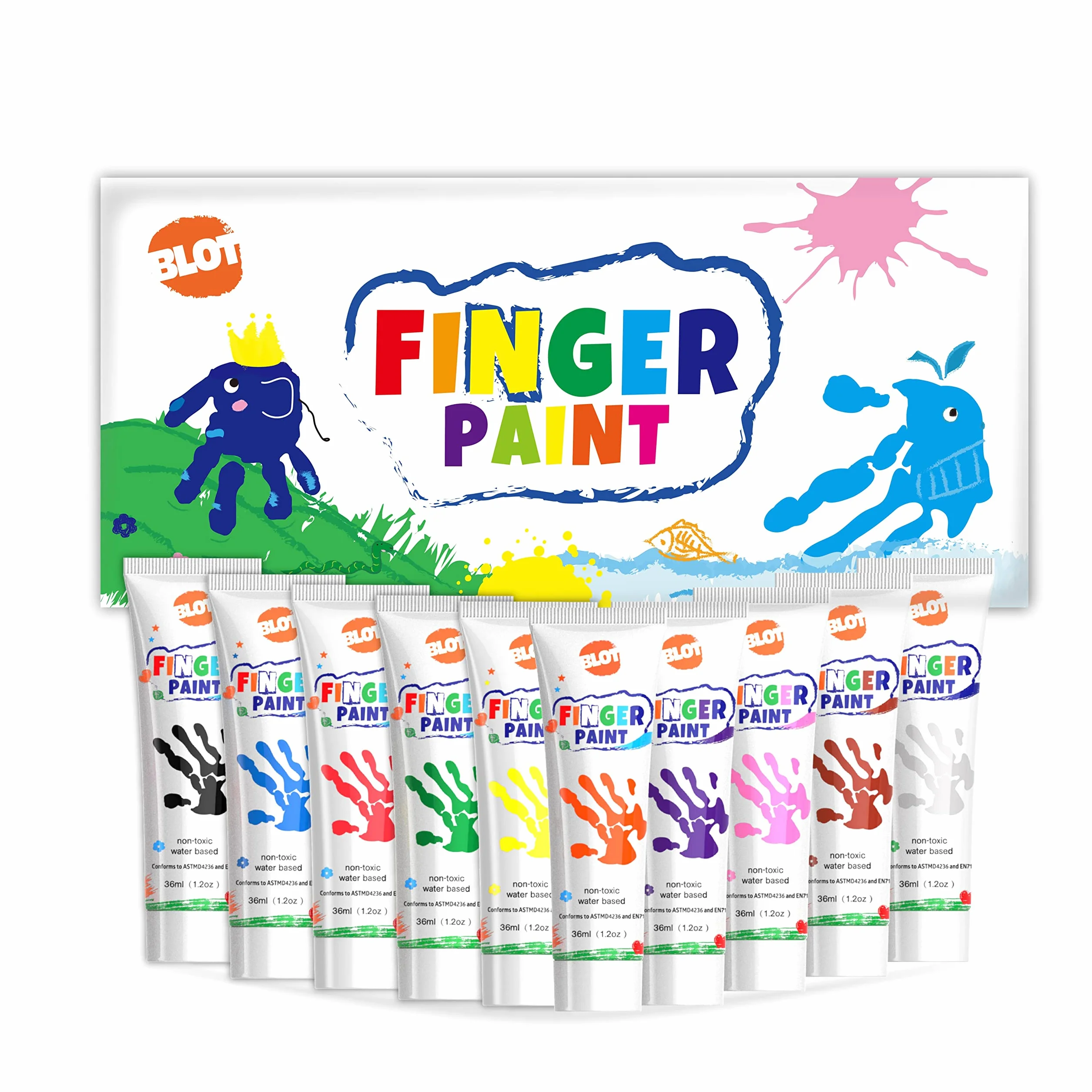 BLOT Peinture au Doigt Lavable pour Enfants 10 Couleurs Kit Non Toxique 36ml/Tube