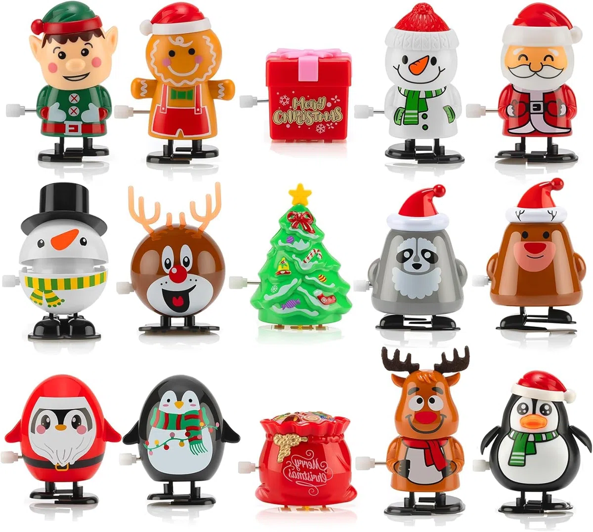 LATERN 15 Pièces Jouets à Remonter de Noël, 5CM x 7CM Jouets Mécaniques de Noël Mini Père Noël Bonhomme de Neige Pingouins Jouet Sauteur pour Enfants Noël Chaussettes Cadeau Fête Sac Remplissage