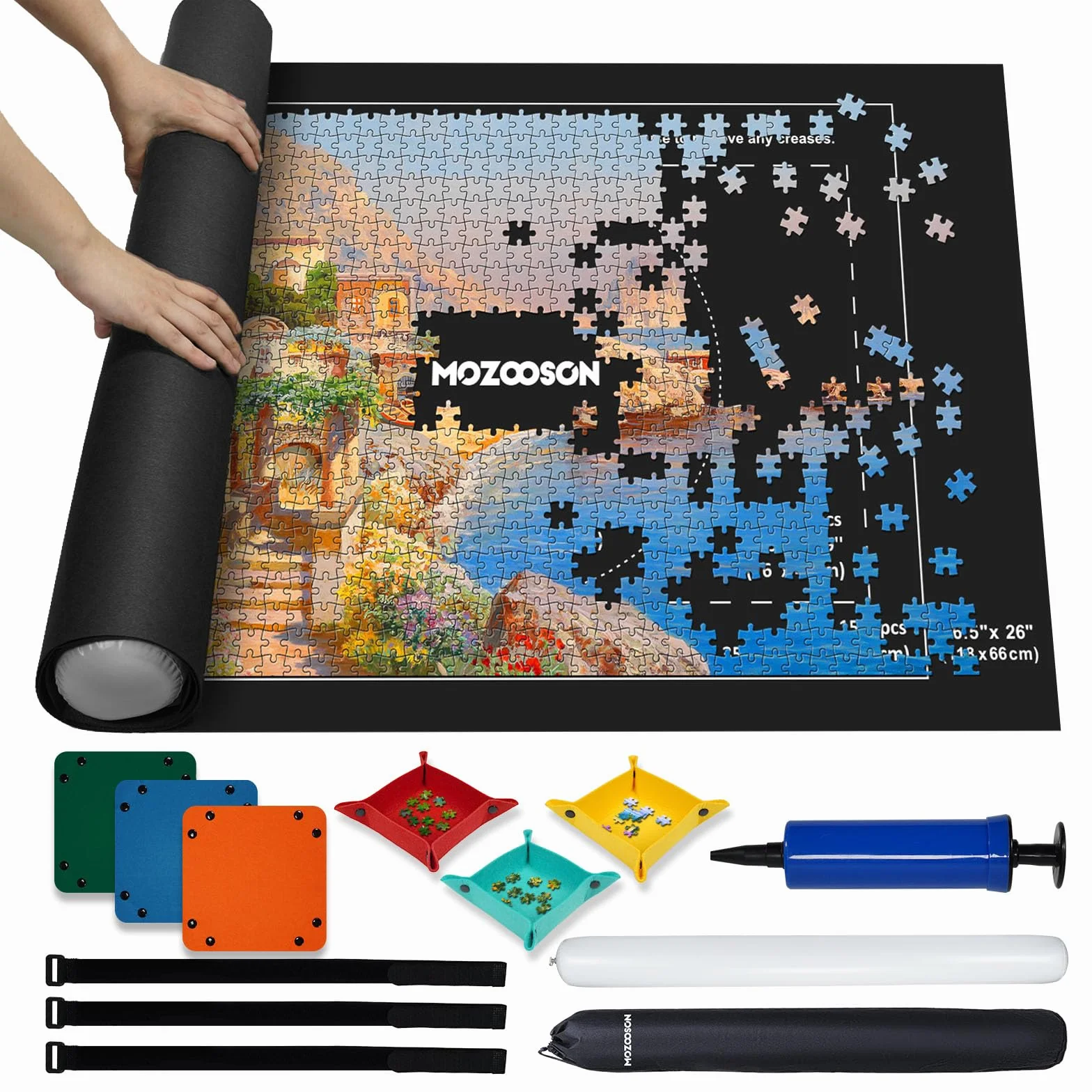 Tapis de Puzzle et de Rangement en Feutre Pliable pour 500-1500 Pièces avec 6 Trieurs et Pompe Gonflable