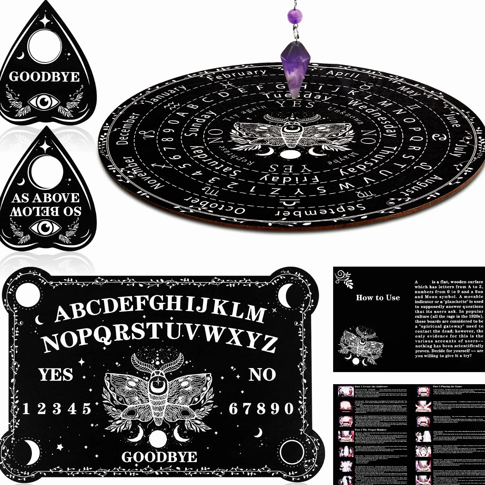 Set de Planche de Divination de Radiesthésie Pendule avec Améthyste, Planche d'esprit en Bois Tableau Parlant avec Planchette et Instructions Détaillées pour Pendule Fête d'anniversaire