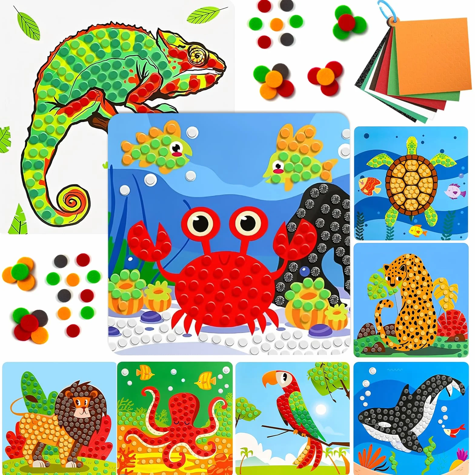 Kit Mosaïque Enfants 3 Ans et Plus, 8 Cartes Animaux et Océan, Autocollants EVA, Activité Créative DIY, Jeu Éducatif