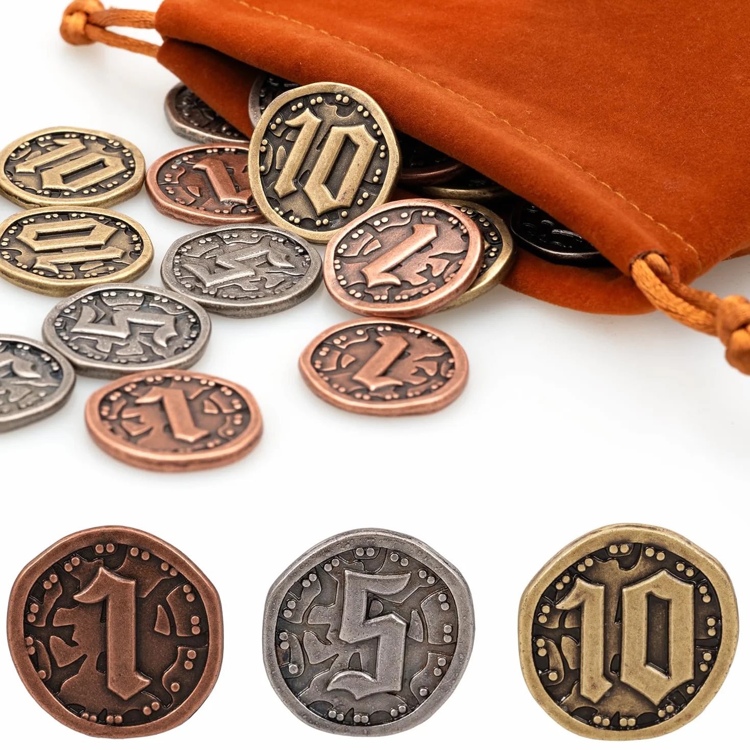 Lot de 30 pièces en métal pour jeux de société, jetons dorés et argentés avec valeur faciale (1, 5, 10) pour RPG de table, pièces de trésor pour jeu de pirate, fête, cosplay