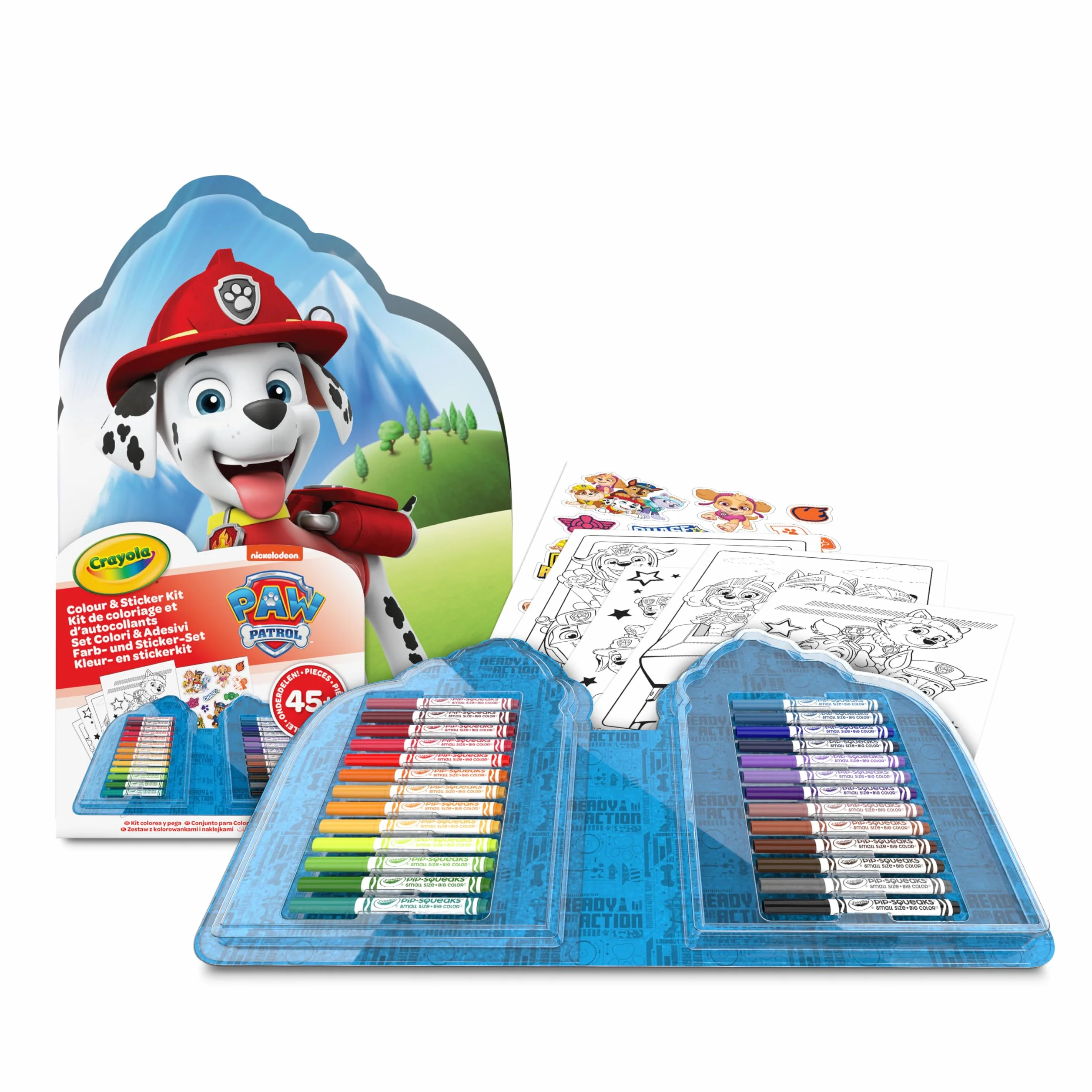 CRAYOLA - Mallette Couleurs et Autocollants Pat' Patrouille, Kit avec Feutres, Pages à colorier, Autocollants, 45 pièces, Cadeau Créatif pour Enfants, à partir de 5 ans, 04-0783