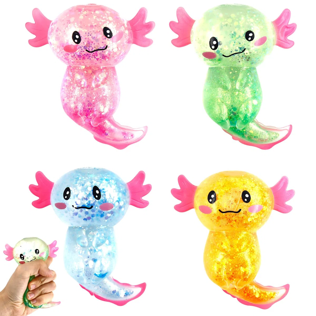 Squeeze Jouet 4 Pièces,Squeeze Toys,Jouet à Presser Spongieux,Jouets à Presser Anti Stress,Jouets Anti-Stress,Soulage L'anxiété et Stress (4 Axolotls)