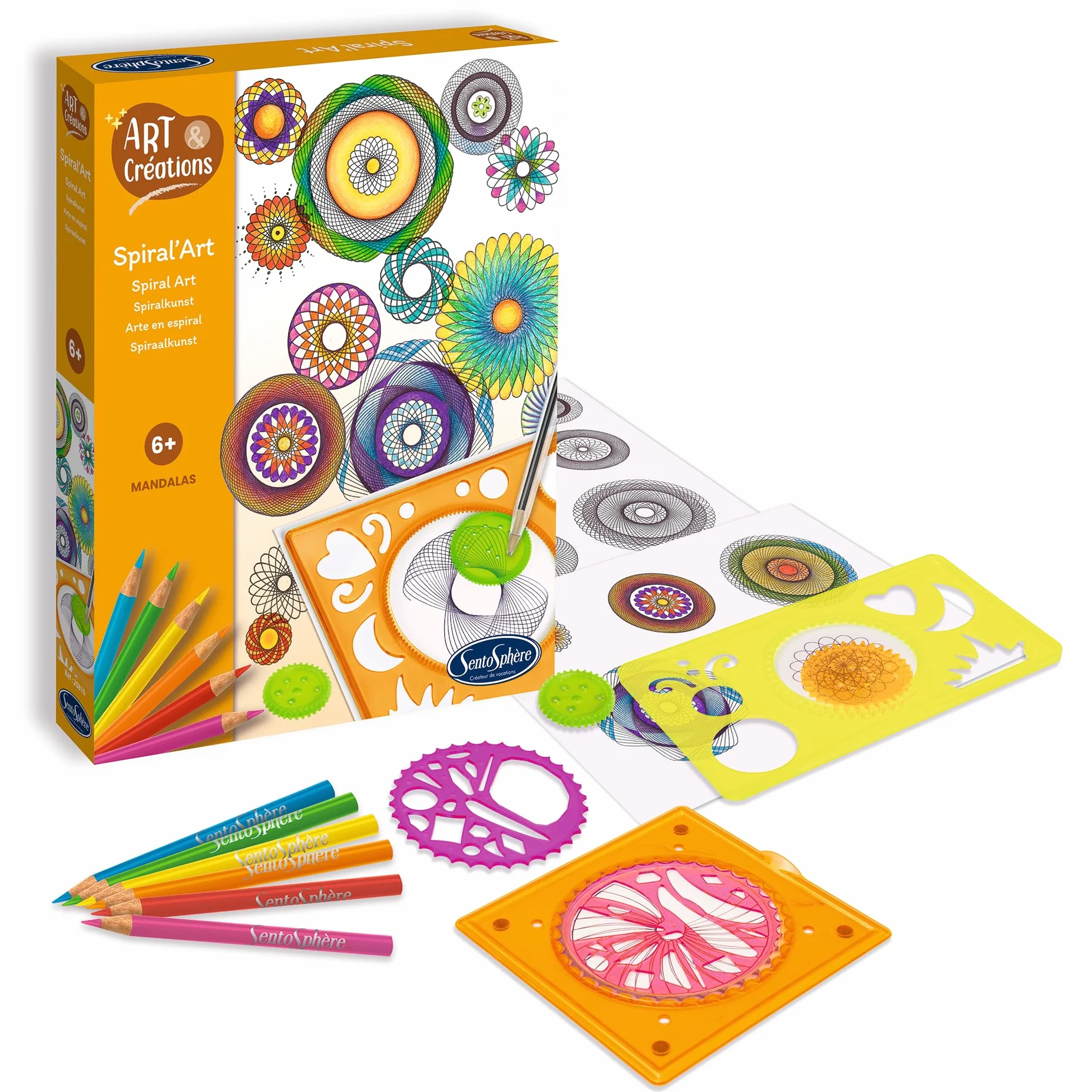 Sentosphère Spiral' Art Mandala Créatif Kit Mandalas Enfant 6 Roues Spirales 10 Crayons de Couleur Dès 6 Ans Loisirs Créatifs