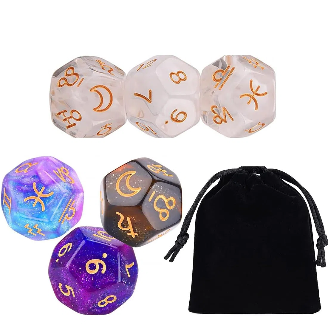 EIHI 6 pièces de dés du Zodiaque, Astrologie, Douze Signes de Constellation avec Chiffres dorés, Jouet Porte-Bonheur en Acrylique pour Jeu de Cartes de Tarot, Divination Sets
