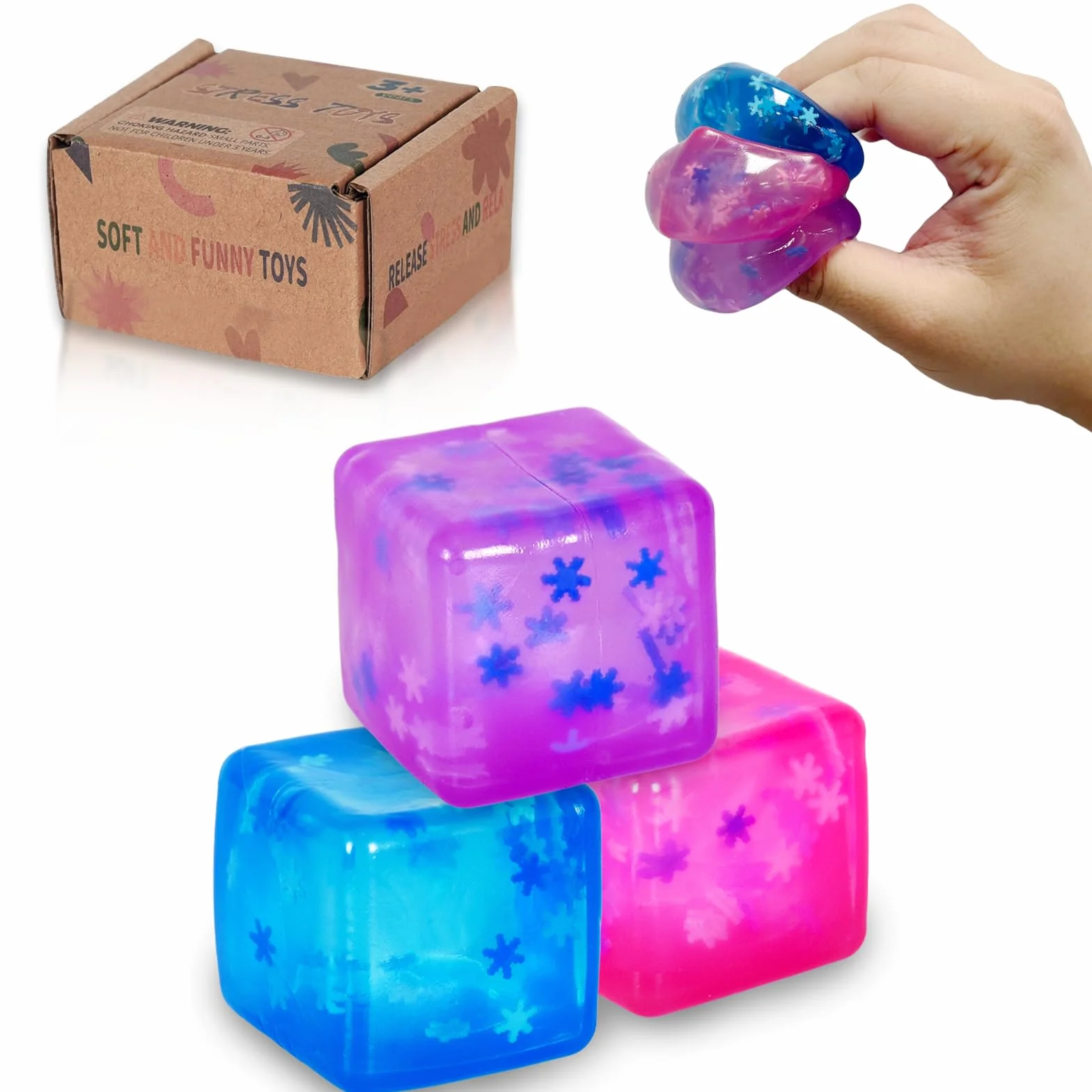 Snowflake Soft Cube Squeeze Toy Sensory Stress Relief Cubes for Kids Adults 3 Pack