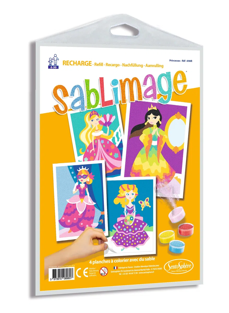 SentoSphère - RECHARGE SABLIMAGE - PRINCESSES - 898R - Kit Loisir Créatif - 4 planches à colorier avec du sable - A partir de 4 ans - Fabriqué en France