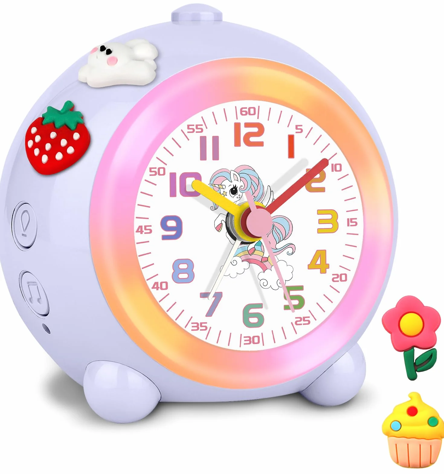 SOCICO Réveil analogique enfant licorne silencieux sans tic-tac avec lumière colorée volume réglable bleu lilas