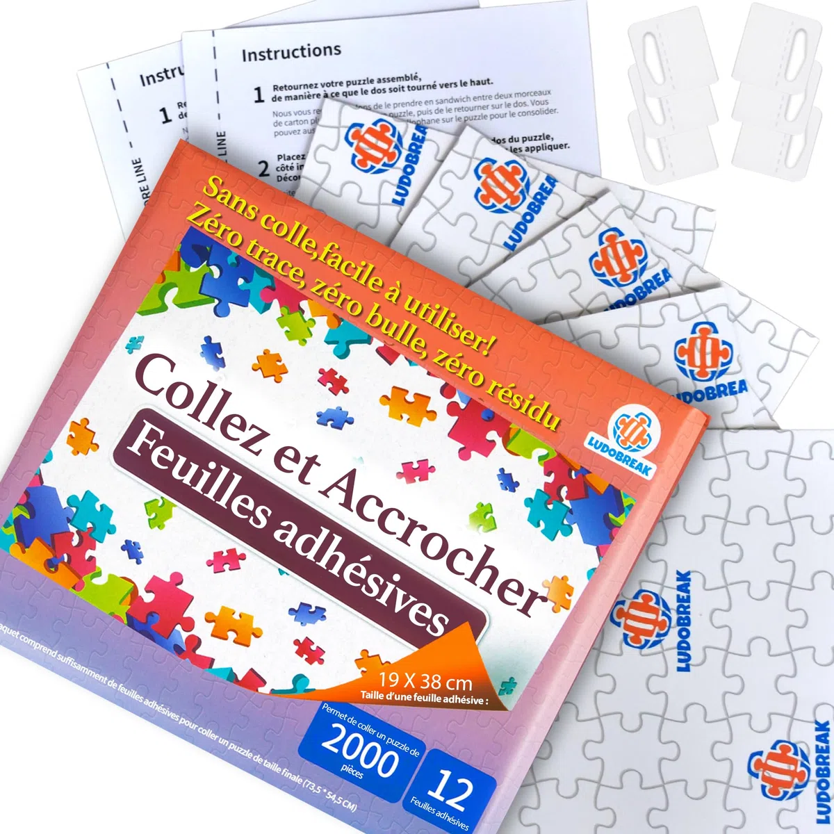 Colle Puzzle 1000/2000 pièces-Accesoire Fixation Murale sans Cadre-Vidéo tutoriel en français-Feuilles adhesives-Convient aux Adultes et aux Enfants-Compatible avec 100/300/500/1500 pièces