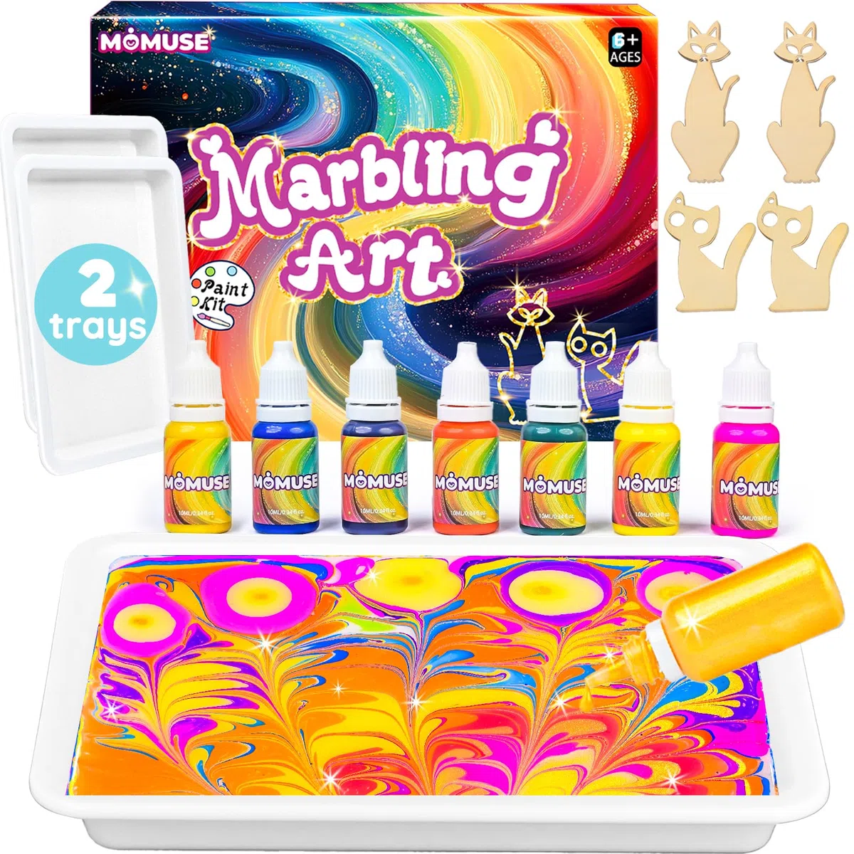 MOMUSE Kit de Peinture Marbrée à l'eau pour Enfants avec 2 Plateaux, Cadeau Fille 6 Ans Activites Manuelles, Loisirs Créatifs Jeux pour Filles et Garçons de 6 8 9 10 12 Ans