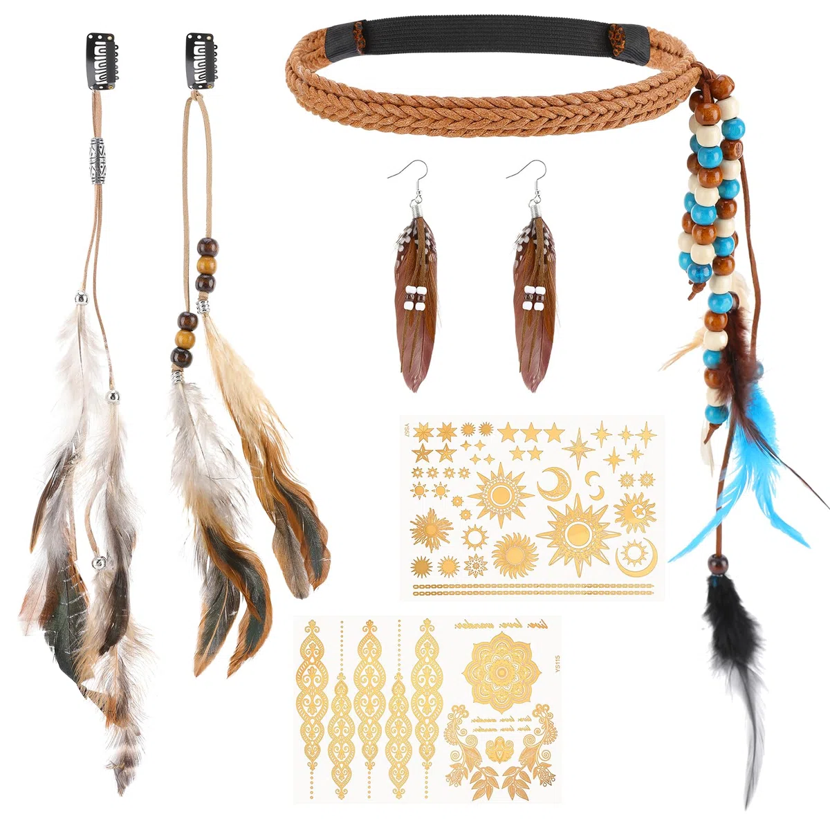 Lot de 6 costumes d'indien pour femme, bijoux indiens, bijoux bohème, bijoux de cheveux avec coiffe plumes et boucles d'oreilles bohème, tatouages temporaires, bijoux hippie pour carnaval