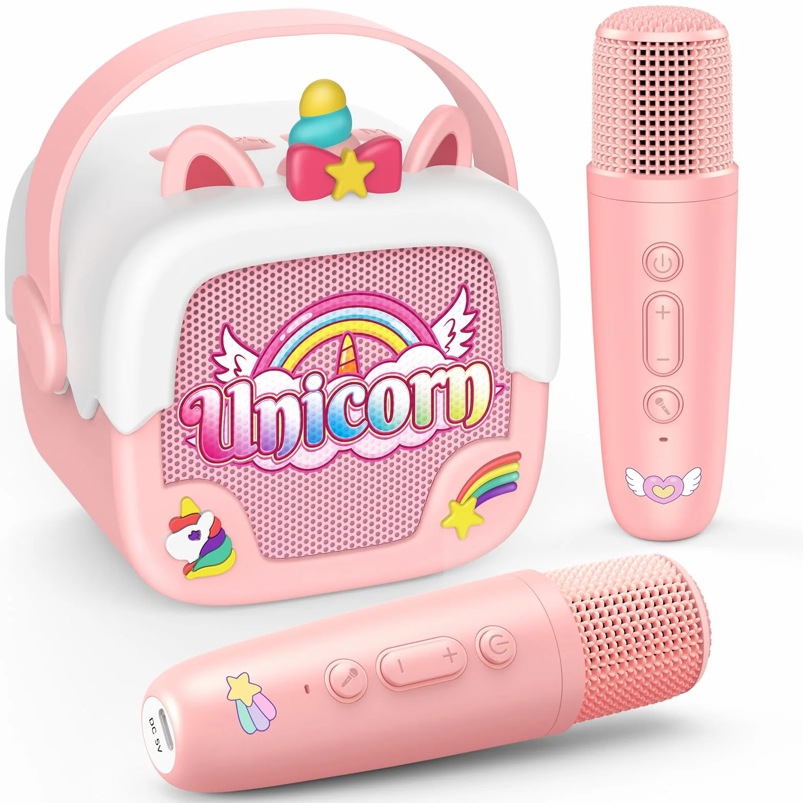 Dislocati Machine de karaoké pour enfants avec 2 microphones de karaoké Bluetooth, jouet licorne cadeau pour fille de 3 à 12 ans, haut-parleur portable avec 5 effets sonores, idéal pour les fêtes et