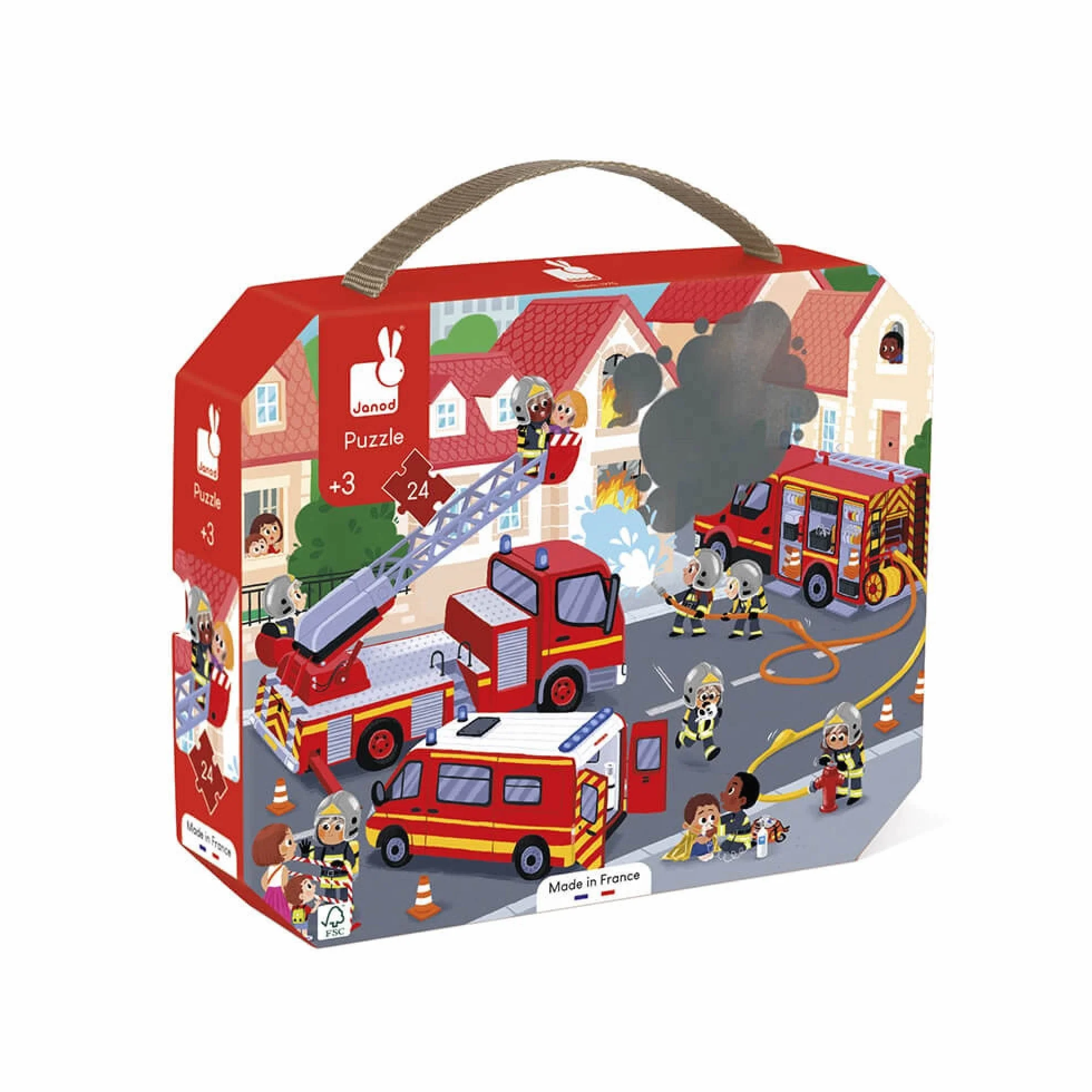 Janod J02605 Puzzle Enfant Pompiers 24 Pièces Jeu Educatif Motricité Fine Concentration Valisette Poignée Fabriqué France Certifié FSC Dès 3 Ans Multicolore