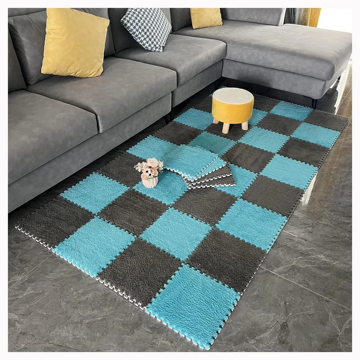 Tapis Puzzle carré en Mousse emboîtable, 30 x 30 cm, avec Bordures, 2,4 x 2,4 m (64 pièces), Blanc et Gris