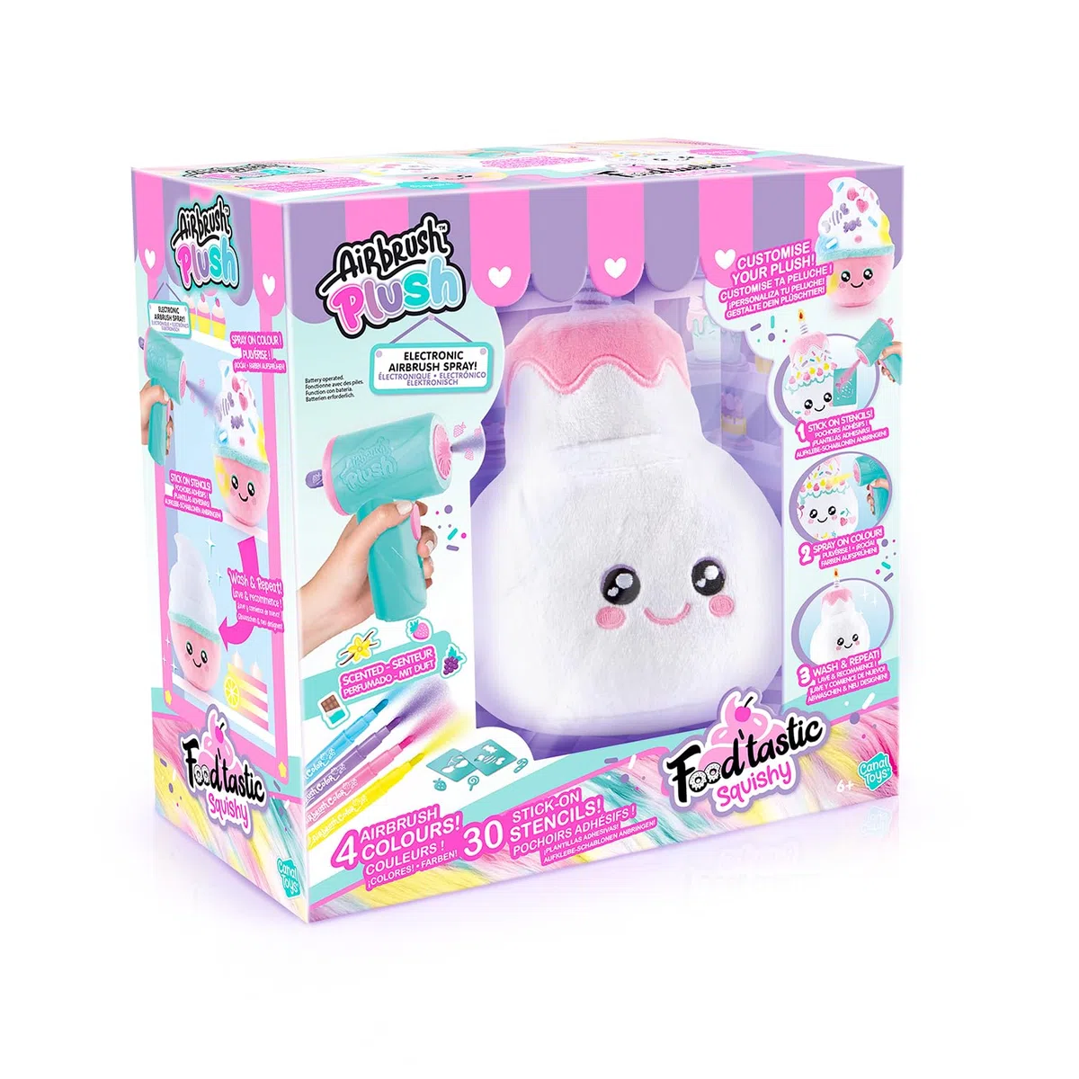 Canal Toys - AirbrushPlush – Peluche Squishy Food'Tastic à Décorer – 4 Feutres Parfumés, Spray Airbrush Électronique et Pochoirs – Modèle Aléatoire A Collectionner - Idée Cadeau Enfant 6 Ans+ – AIR072