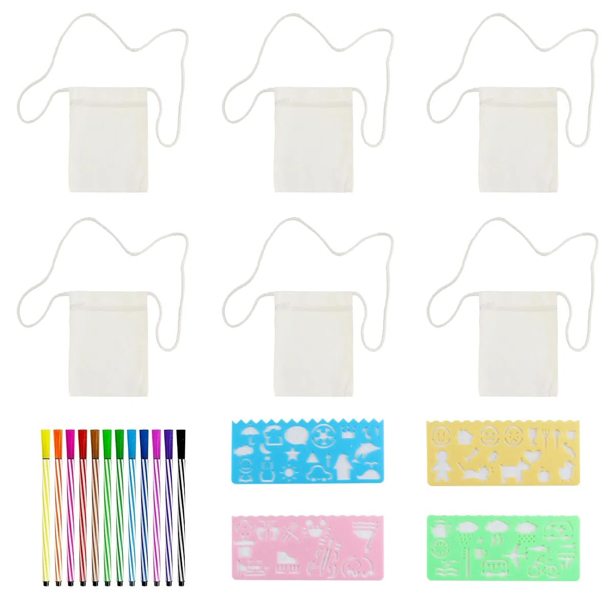 Durlo Ensemble De Sacs En Tissu Pour Peinture, 17 X 13 Cm, Sac À Bandoulière, Avec 6 Sacs, 4 Modèles De Peinture Et 12 Crayons De Couleur, Beige