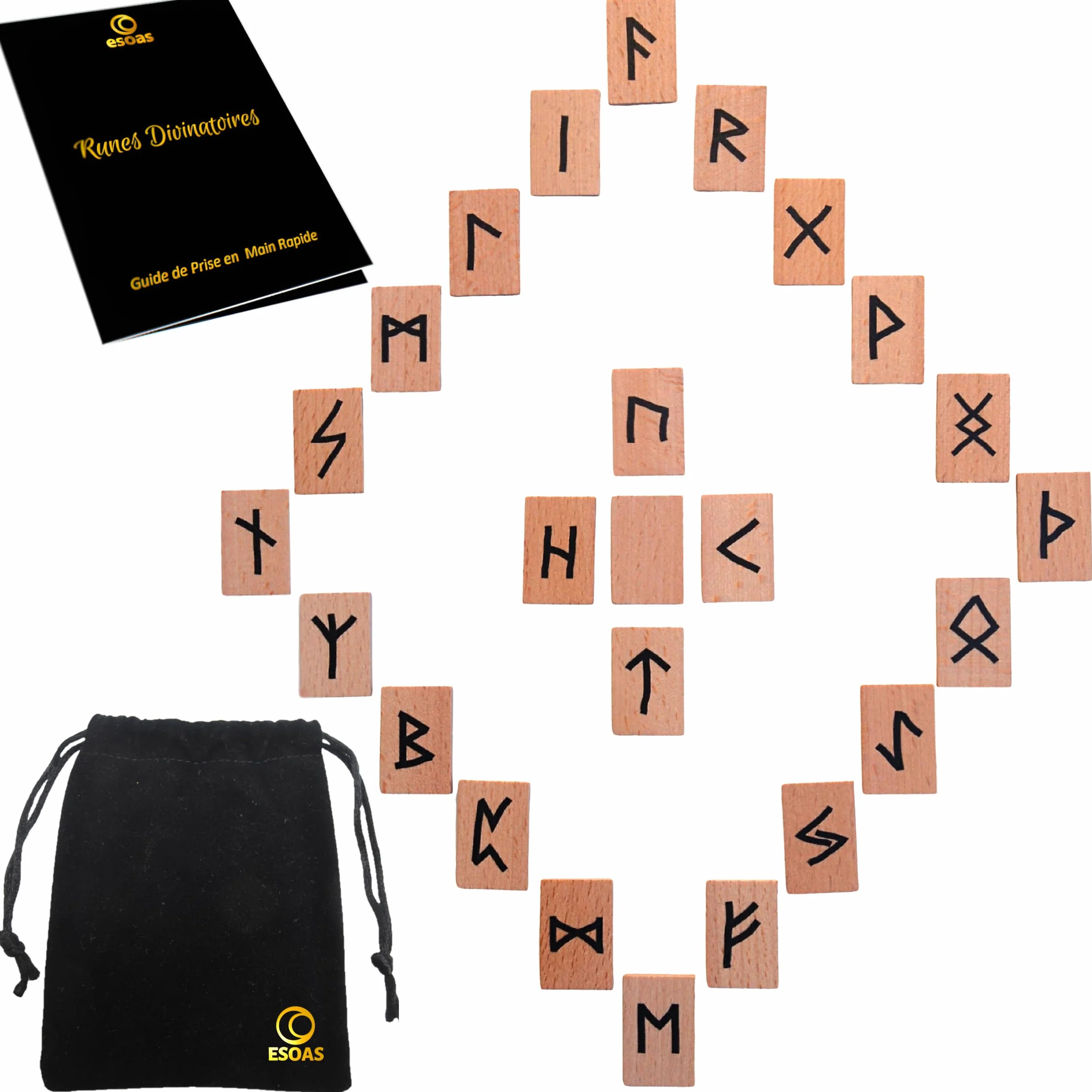 Runes Divinatoires Viking Set x25 Bois Massif Hêtre avec Sac Futhark Oracle Mythologie Nordique
