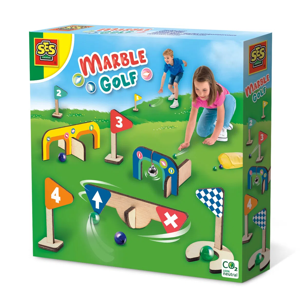 Ses Creative 02302 - Golf de Billes - Parcours minigolf en Bois, crée toi-même Ton Parcours, se Joue Partout, Sac de Rangement Pratique pour Toutes Les pièces et Les Billes