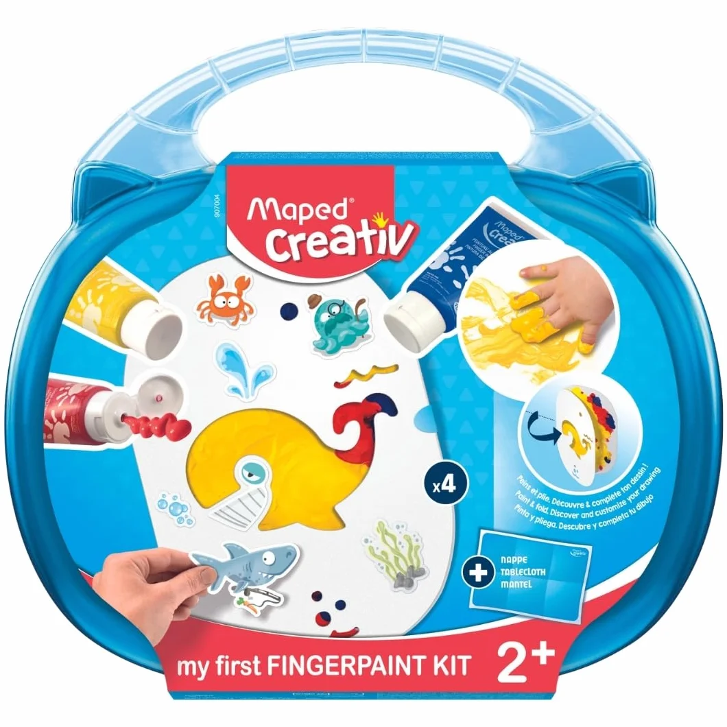 Maped Creativ - Kit de Peinture au Doigt - Mallette avec 4 Fiches à Peindre, 3 Tubes de Peinture 75 ml, 2 Planches de Stickers et 1 Nappe - Loisirs Créatifs, Dès 2 Ans