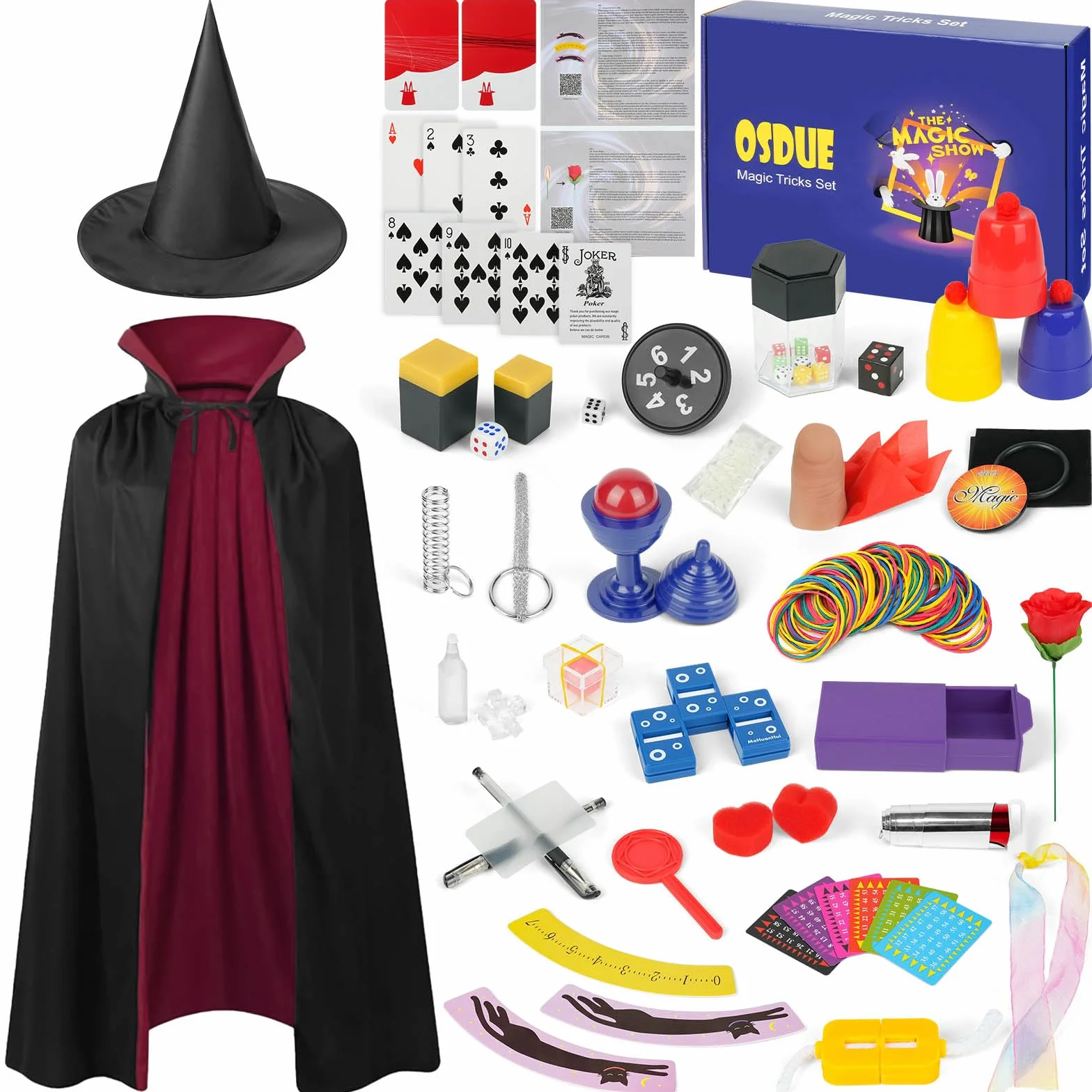 OSDUE Coffret Magie,Tours de Magie Kit avec 24 Uniques Tours Magi Vidéos Aves Tutorielles Offertes Chapeau Magique Déguisement de Magicien Cadeau d'anniversaire Noël pour 14+ Ans